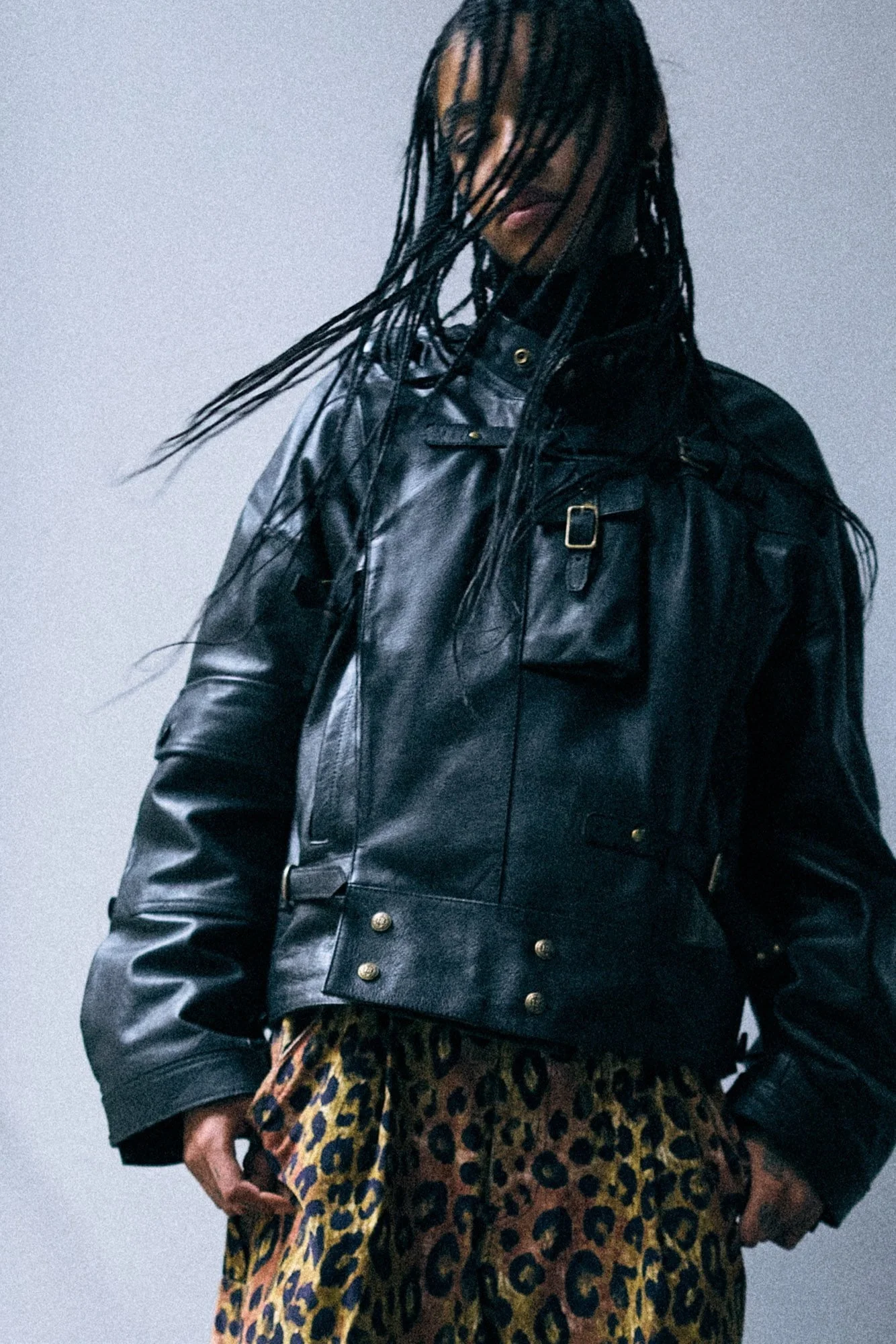 Oversized Cropped Messenger Leather Jacket - 1