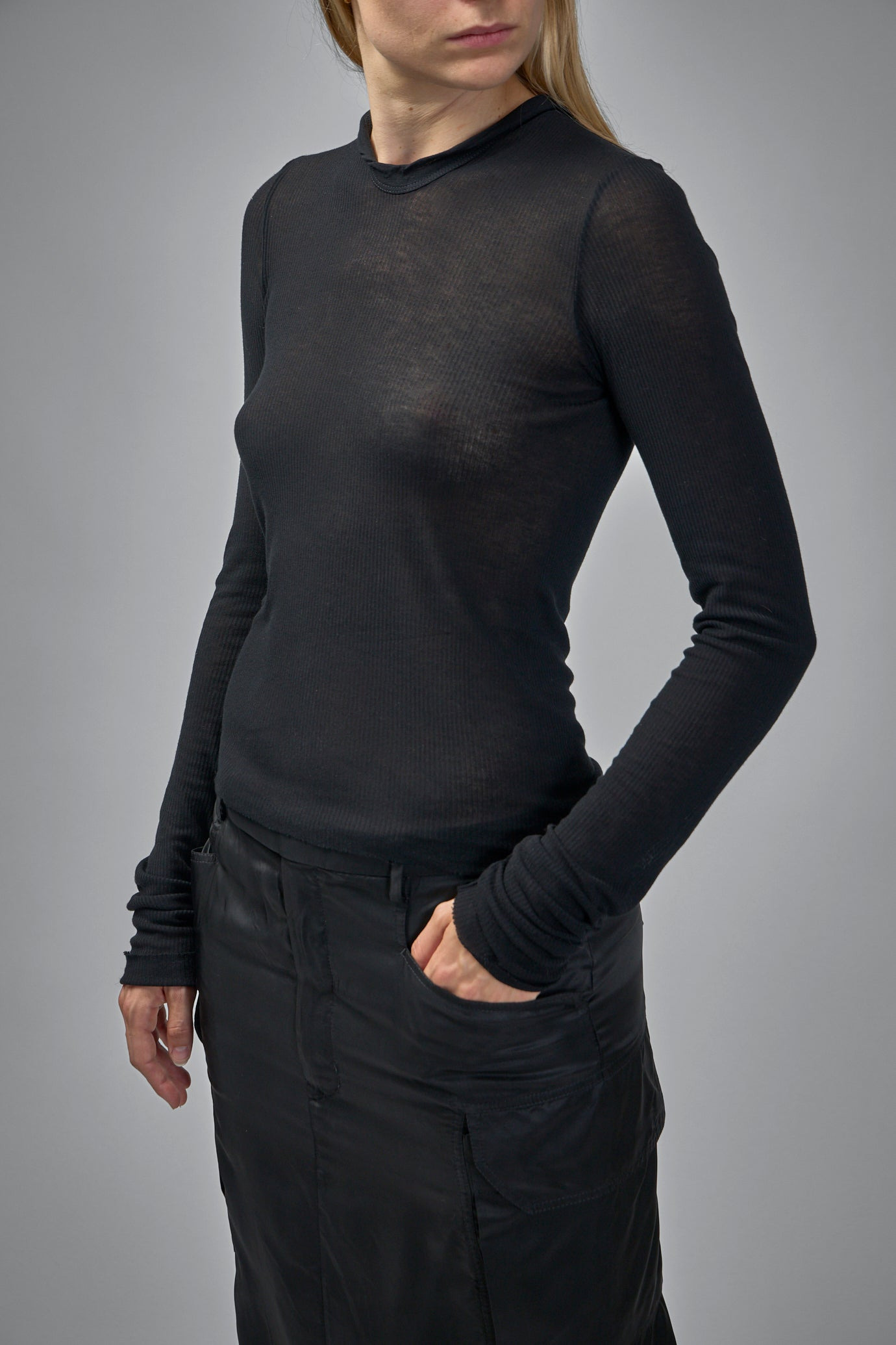 Knit T-Shirt Cropped Hooded Rib LS Tee - 4
