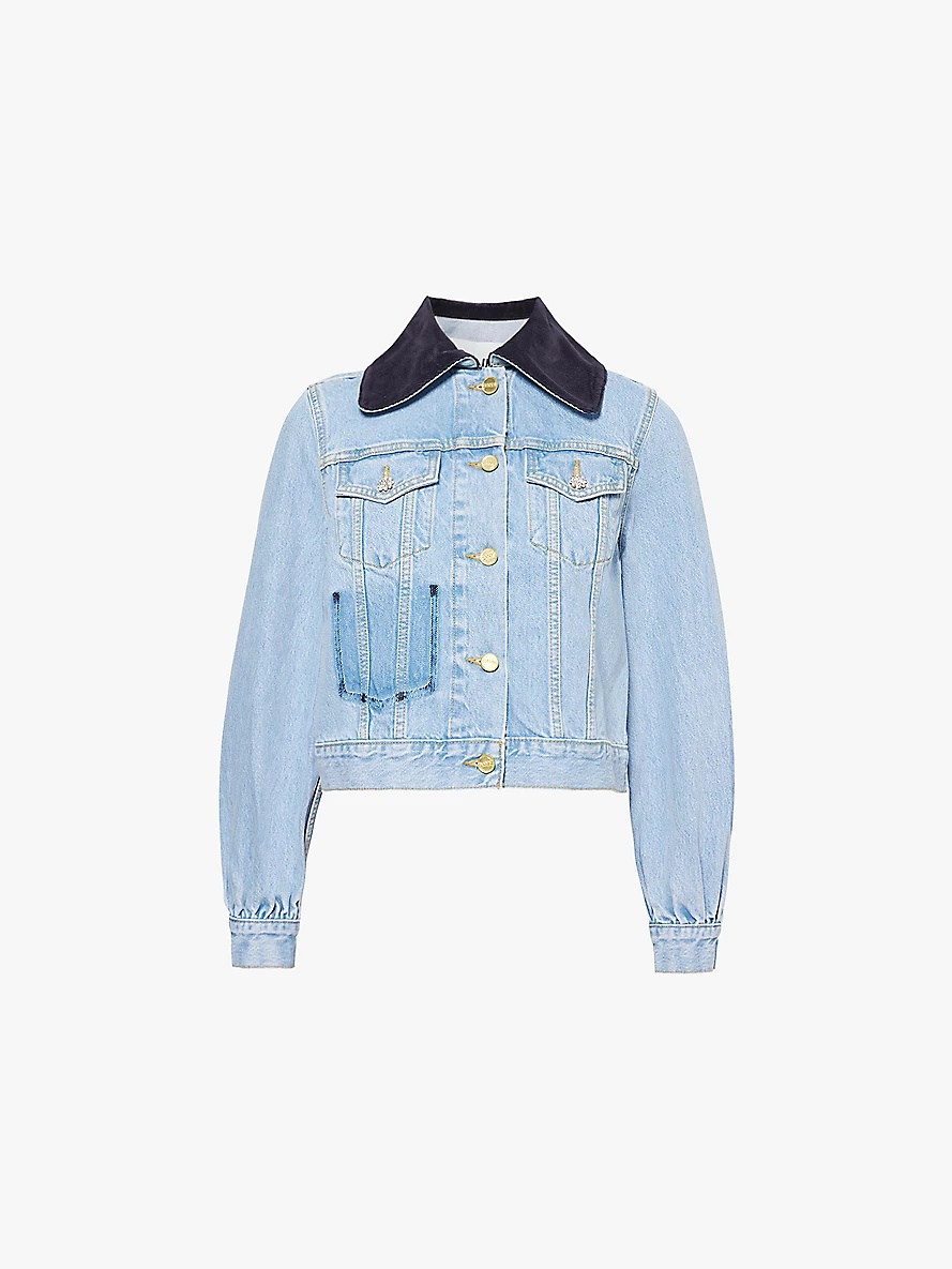 Rigid corduroy-collar regular-fit organic-denim jacket - 1