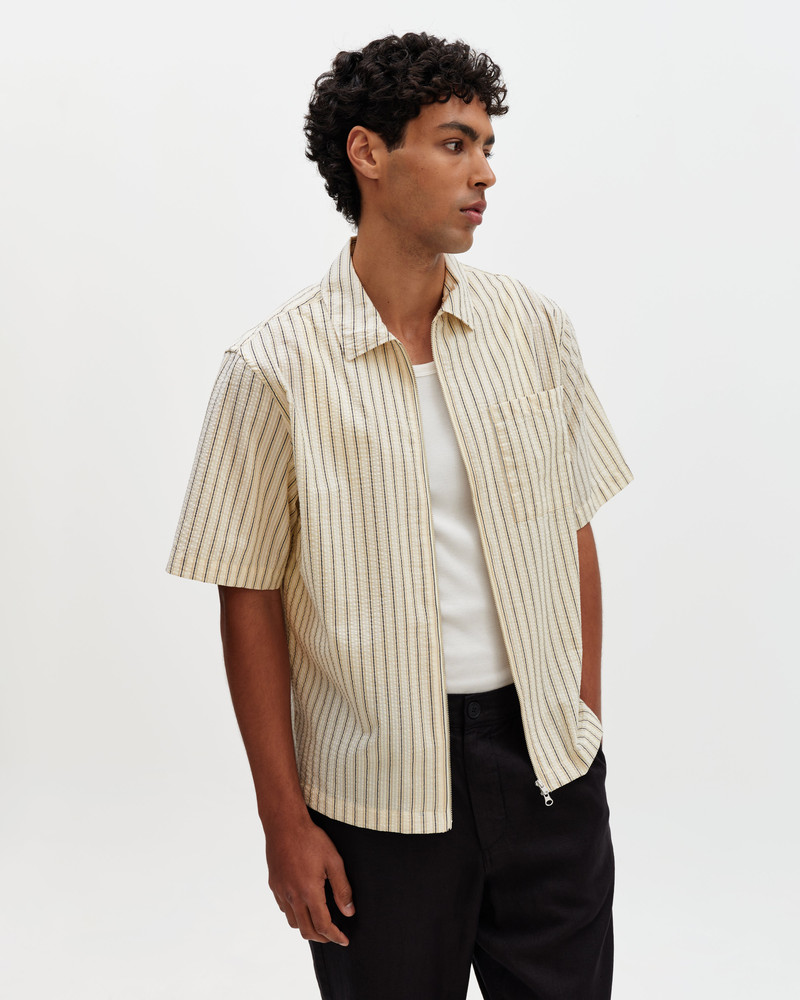 Sears - Natural And Navy Stripe Seersucker Zip Short-Sleeve Shirt 2
