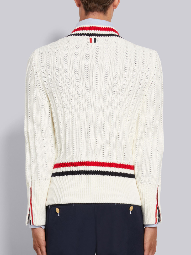 White Cotton Stripe Trim Cable Knit V-Neck Pullover 3
