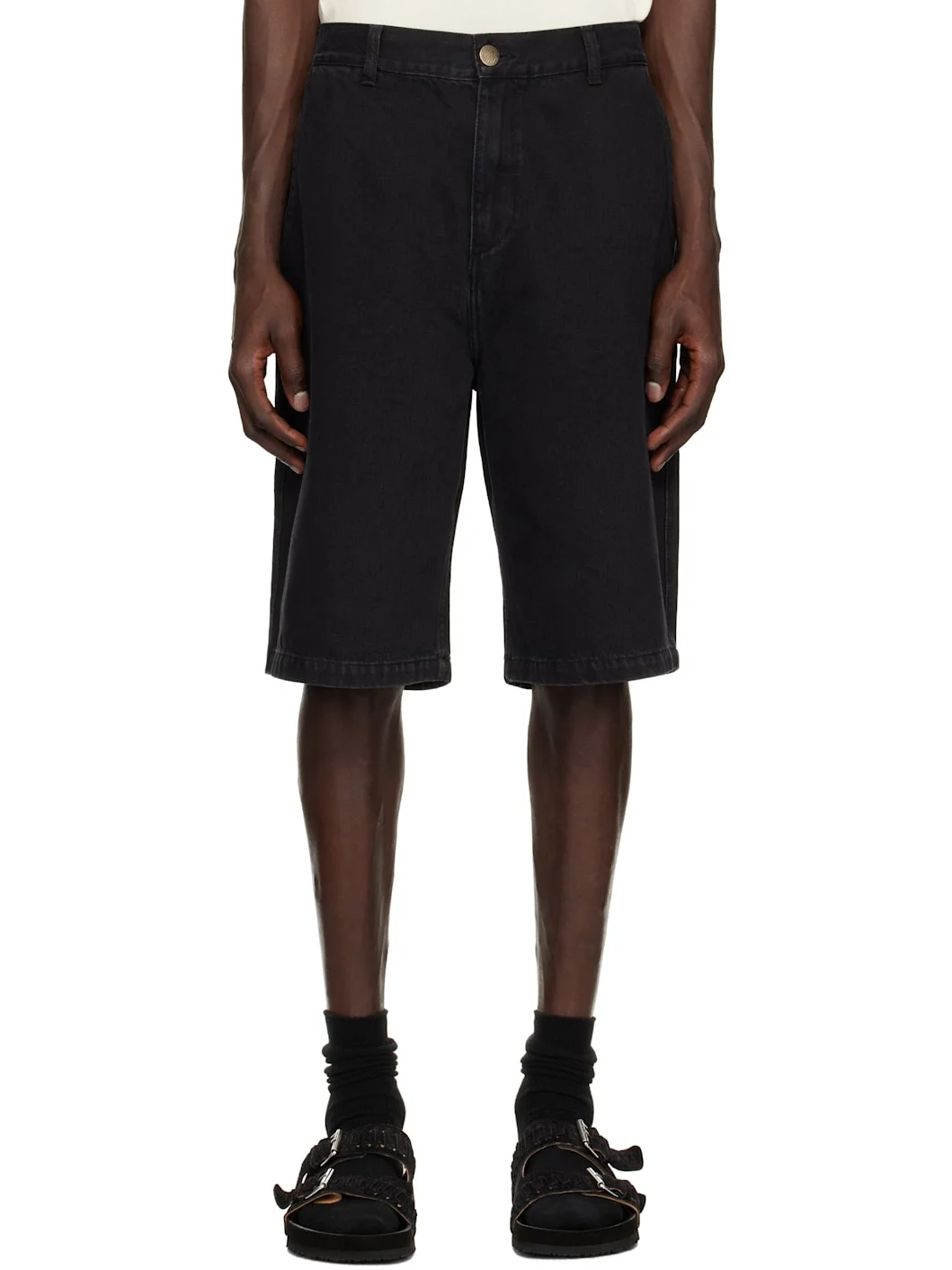 Black Twill Patch Denim Shorts - 1