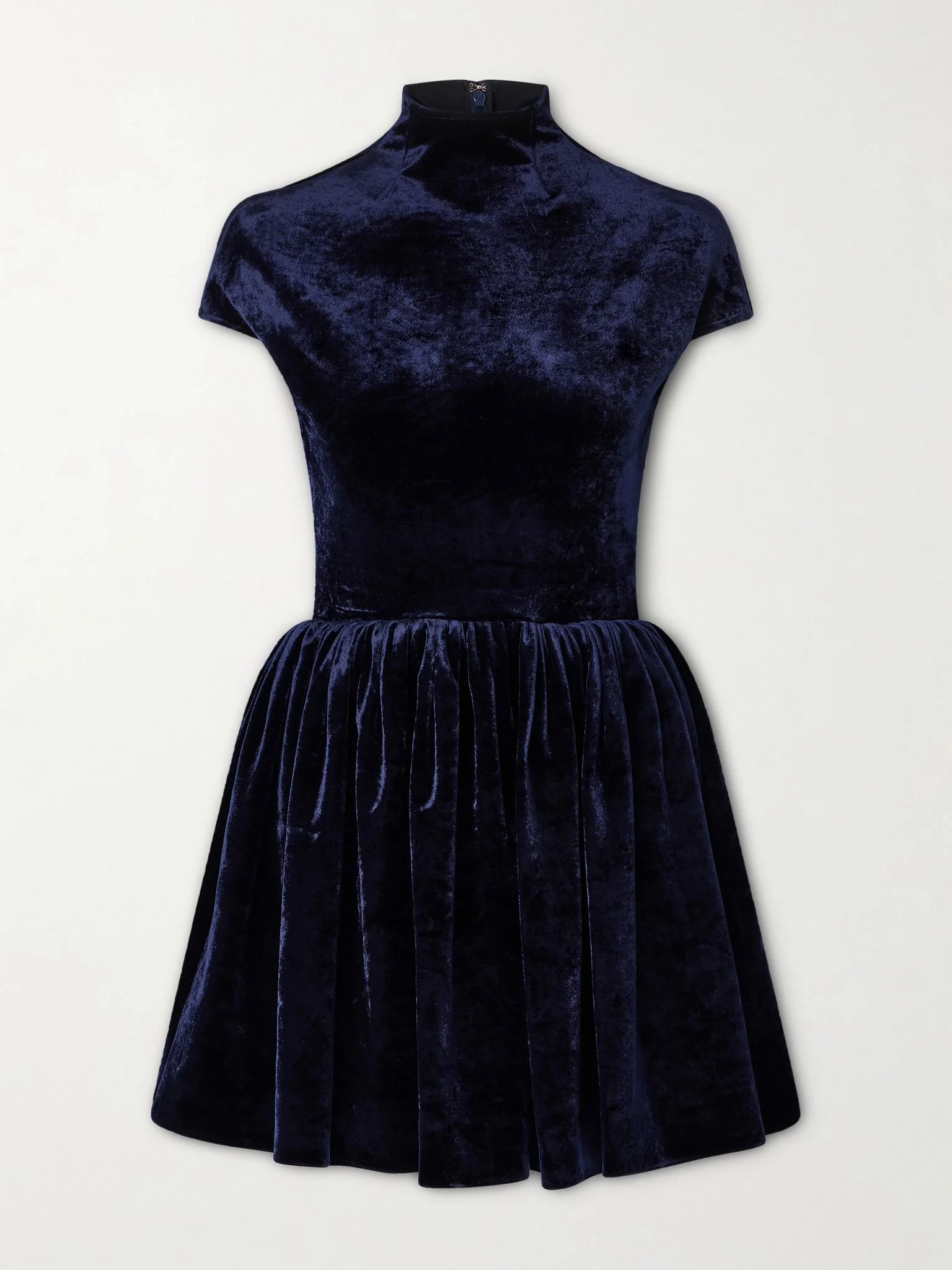 Pleated velvet turtleneck mini dress Navy - 1