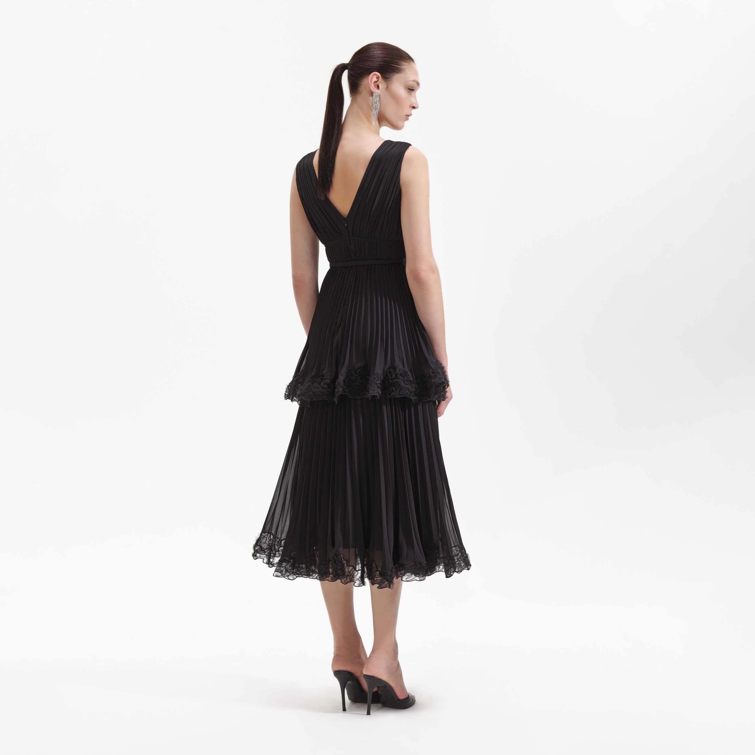 Black Chiffon Tier Midi Dress - 3