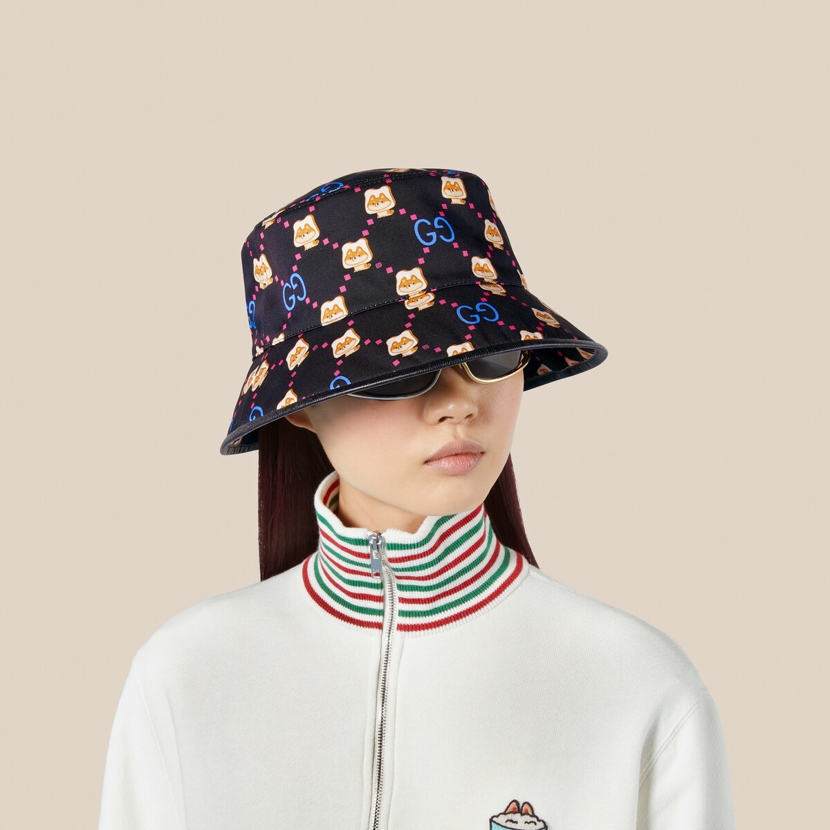 Cotton bucket hat with GG animal print - 3
