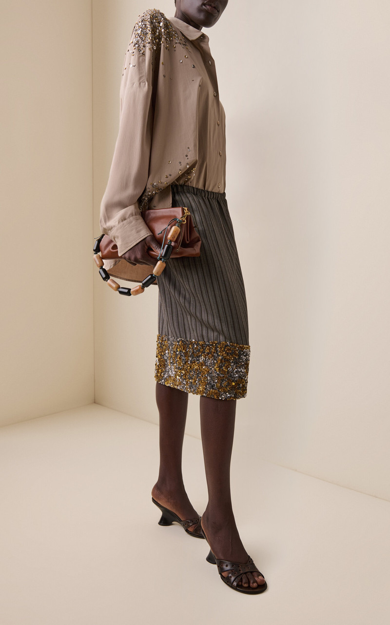 Dries Van Noten Scotts Embellished Twill Knee-Length Skirt grey outlook