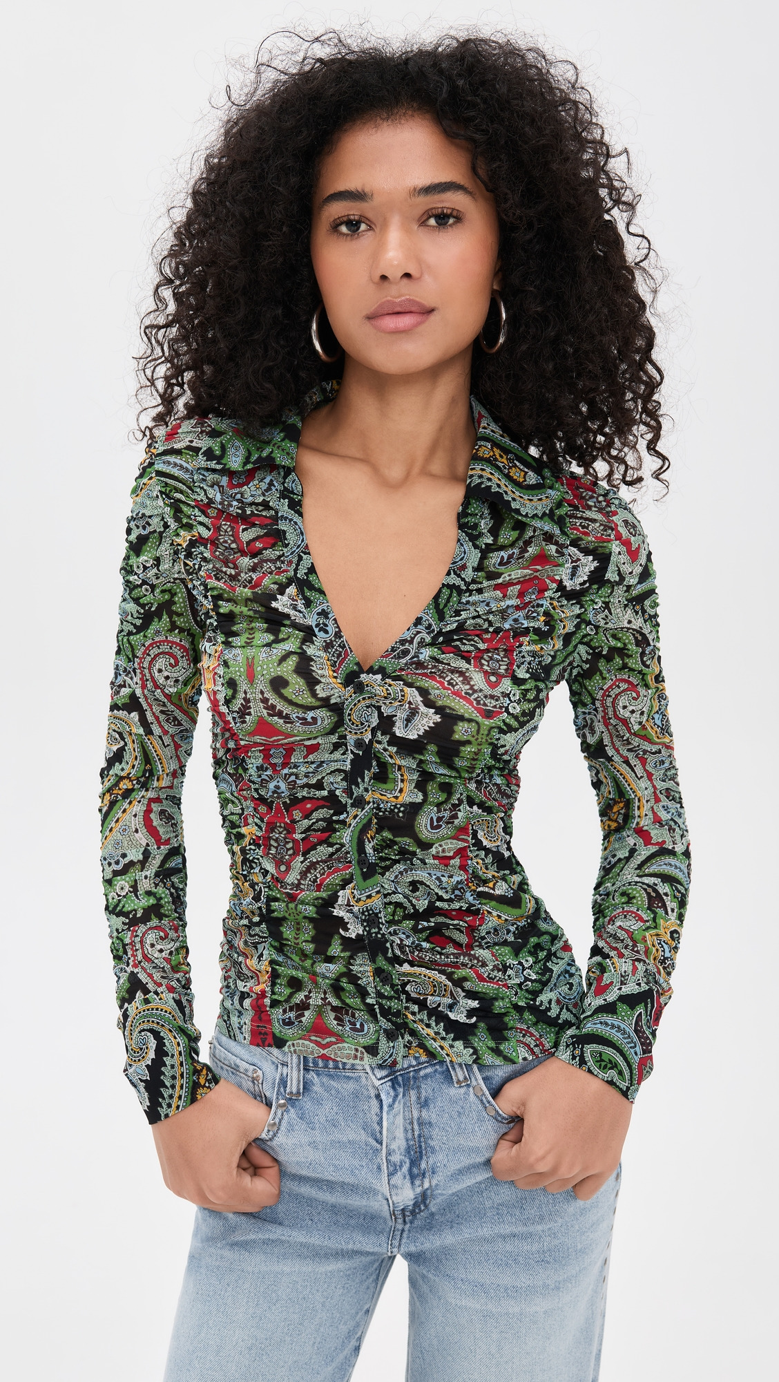Portia Ruched Mesh Button Down - 6