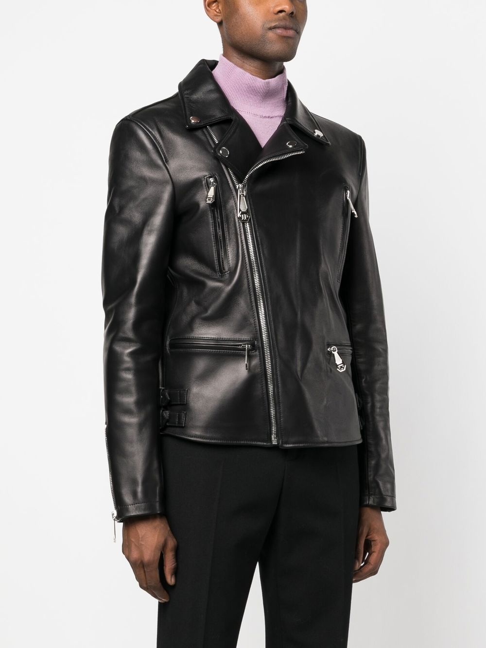 rear logo-plaque leather jacket - 3