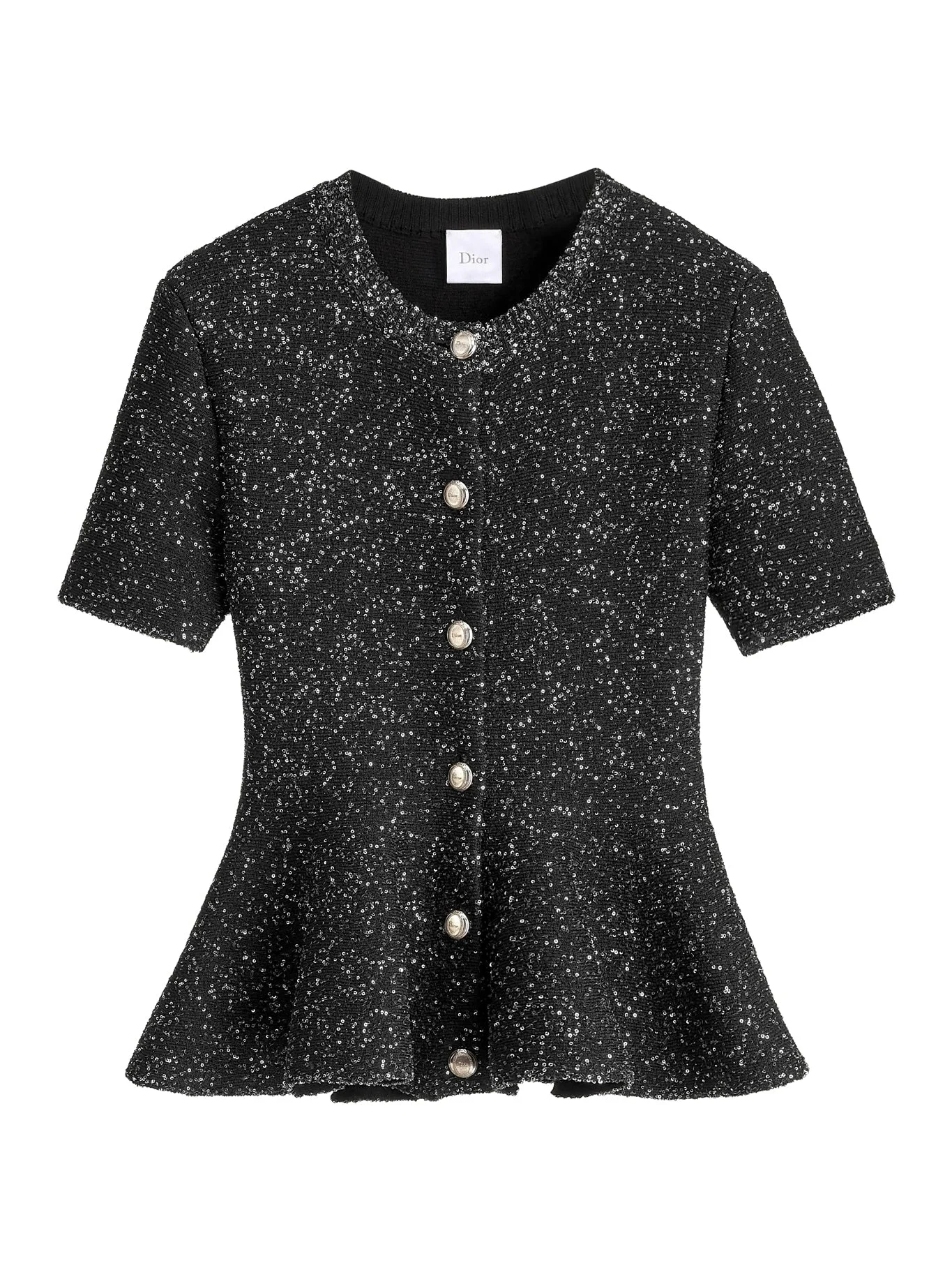 SHORT-SLEEVED CARDIGAN WITH PEPLUM IN BLACK TECHNICAL KNIT WITH SILVER SEQUINS - 1