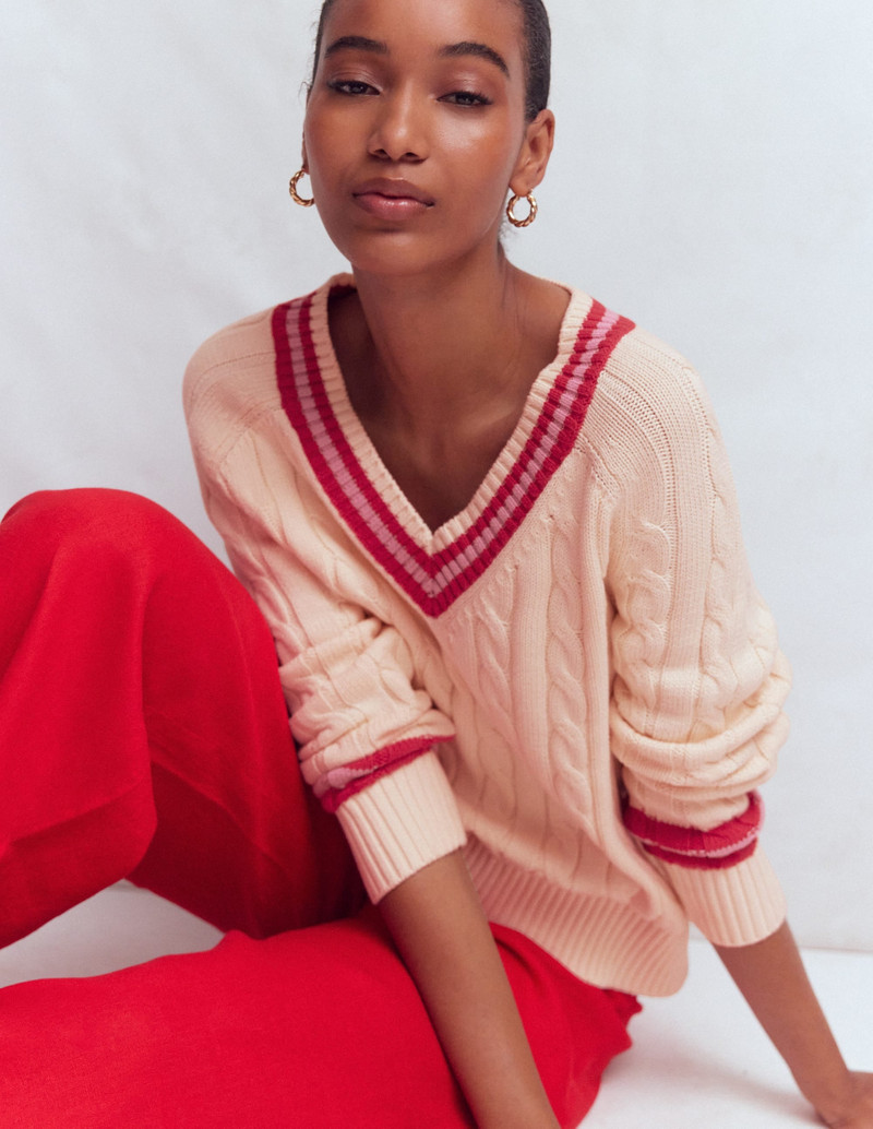 Maeve Textured Cotton Jumper-Ivory Cable, Red 4