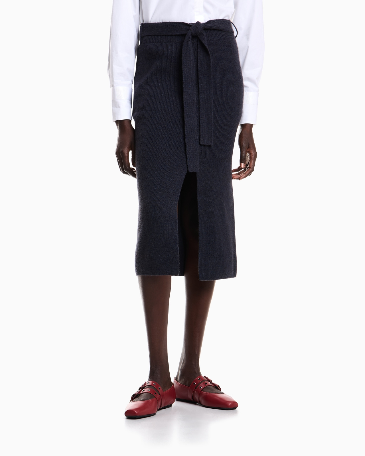 WOOL LONG SKIRT WITH SLIT AND BELT - 4