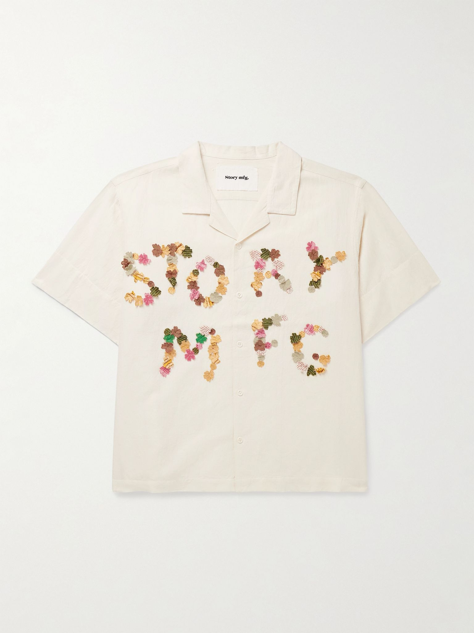Greetings Camp-Collar Logo-Appliquéd Cotton and Linen-Blend Shirt Ecru - 1