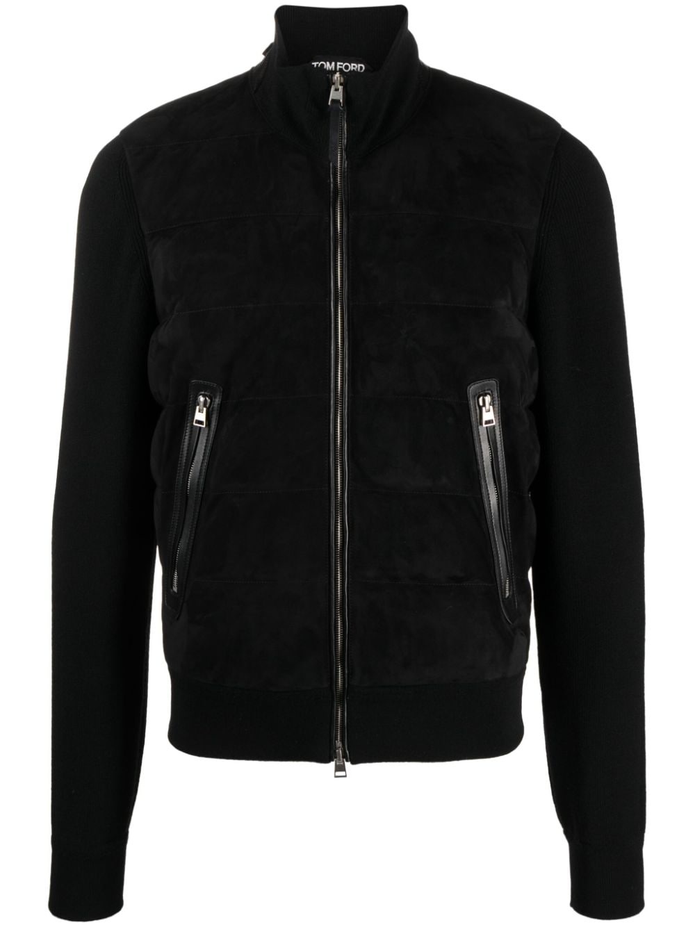 suede-panelled knitted bomber jacket - 1