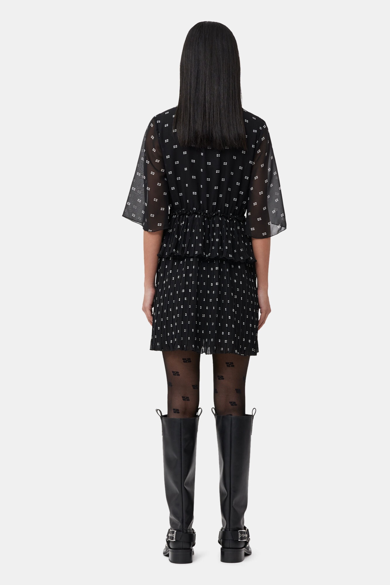 BLACK PLEATED GEORGETTE V-NECK FLOUNCE MINI DRESS - 3
