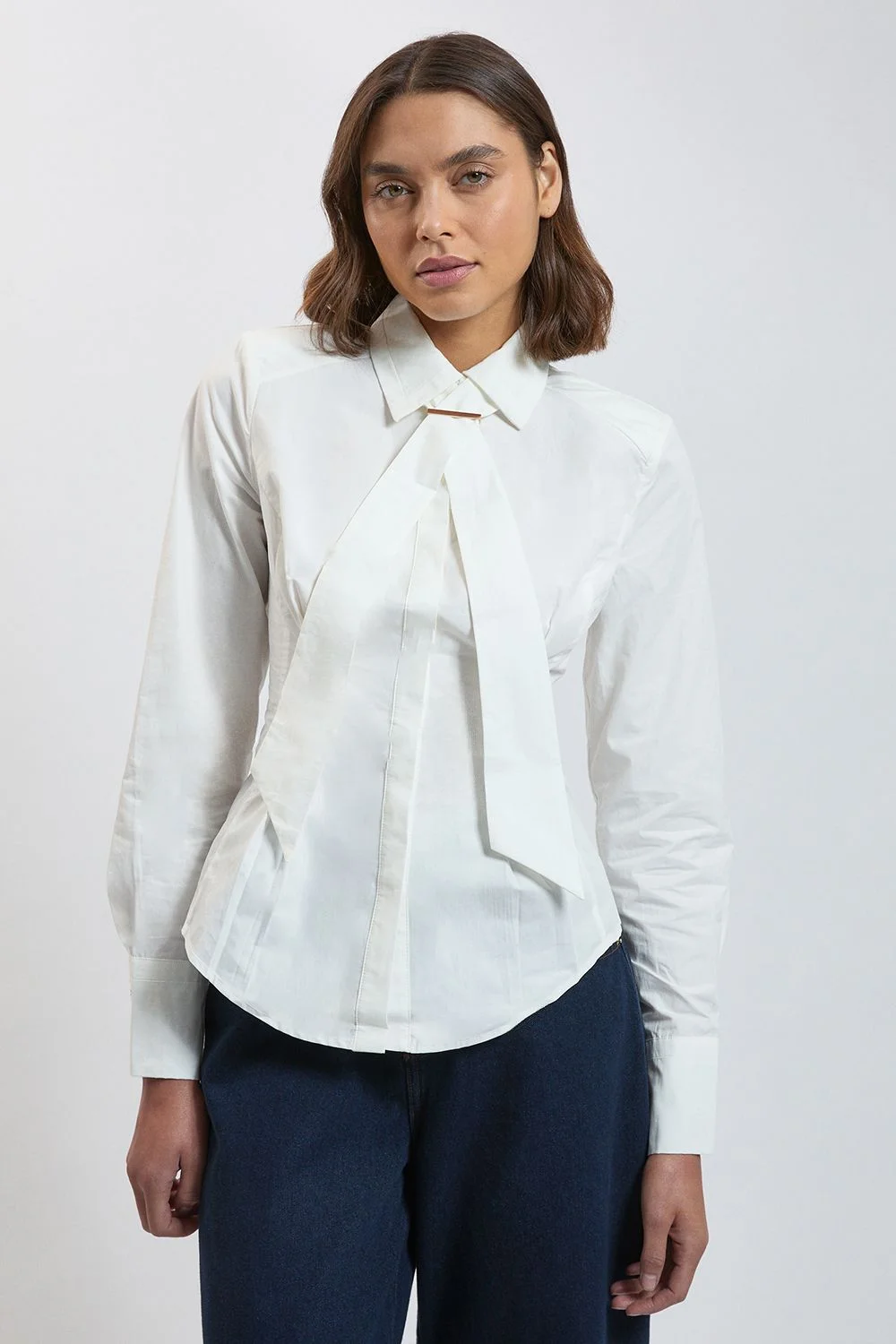 Cotton Poplin Tie Neck Trim Detail Collared Shirt - 1