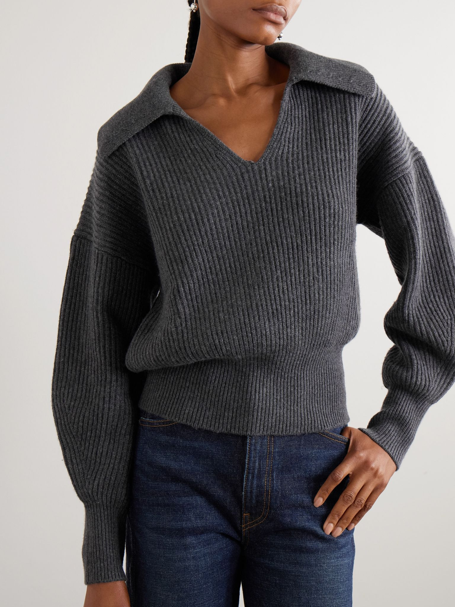 Ribbed wool, silk and cashmere-blend polo sweater Charcoal - 3