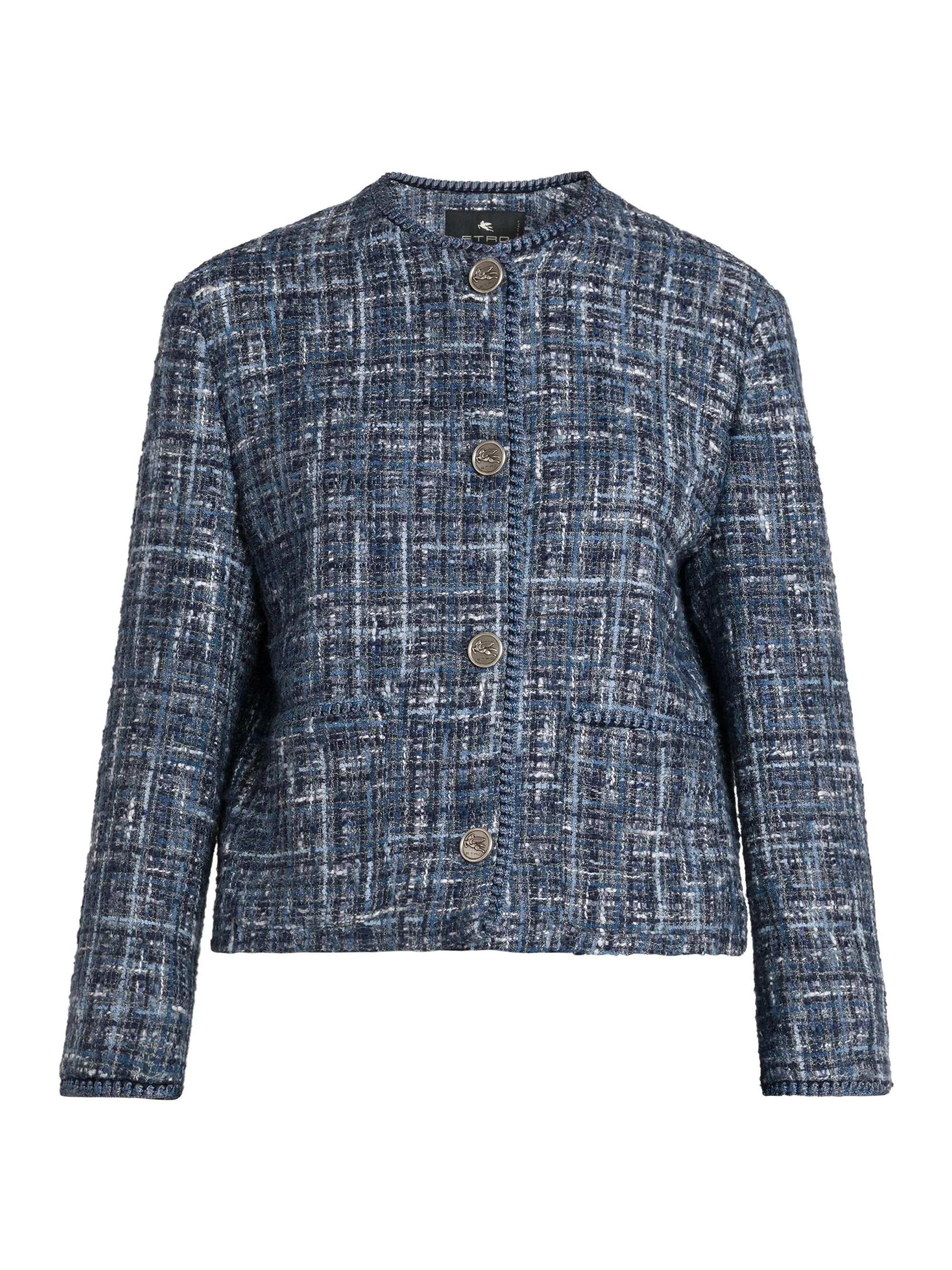 Women's Tweed Round Neck Jacket - Multicolor Blue Base - 1