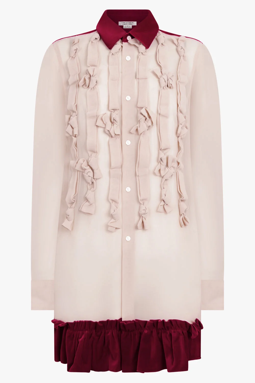 BOW EMBELLISH L/S SHIRT WITH VELVET RUFFLE HEM | BEIGE/BURGUNDY - 1