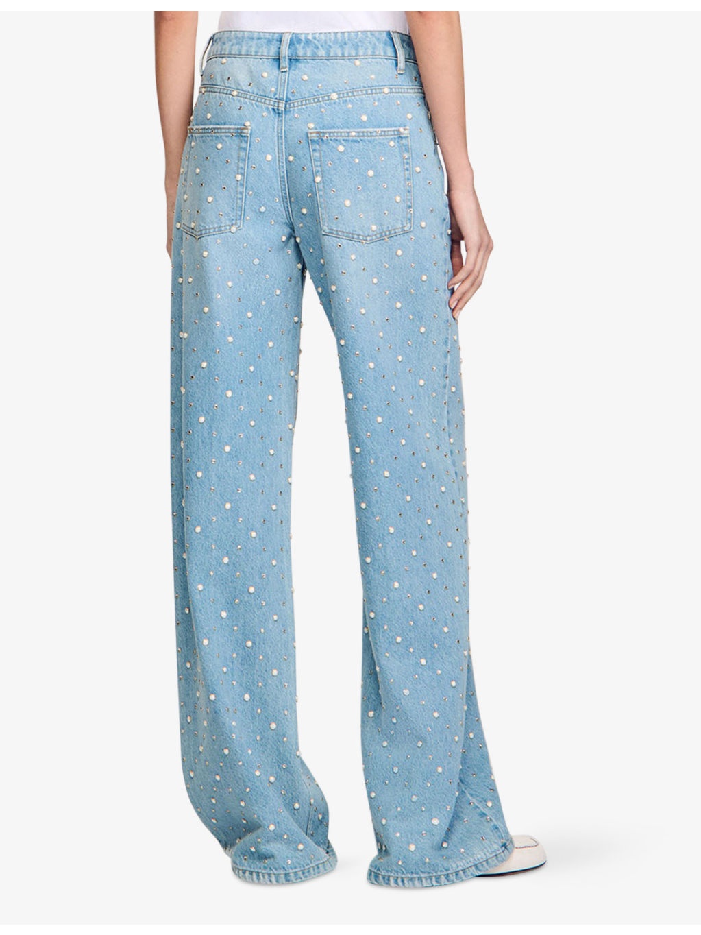 Rhinestone-Embellished Wide-Leg Mid-Rise Denim Jeans - 4
