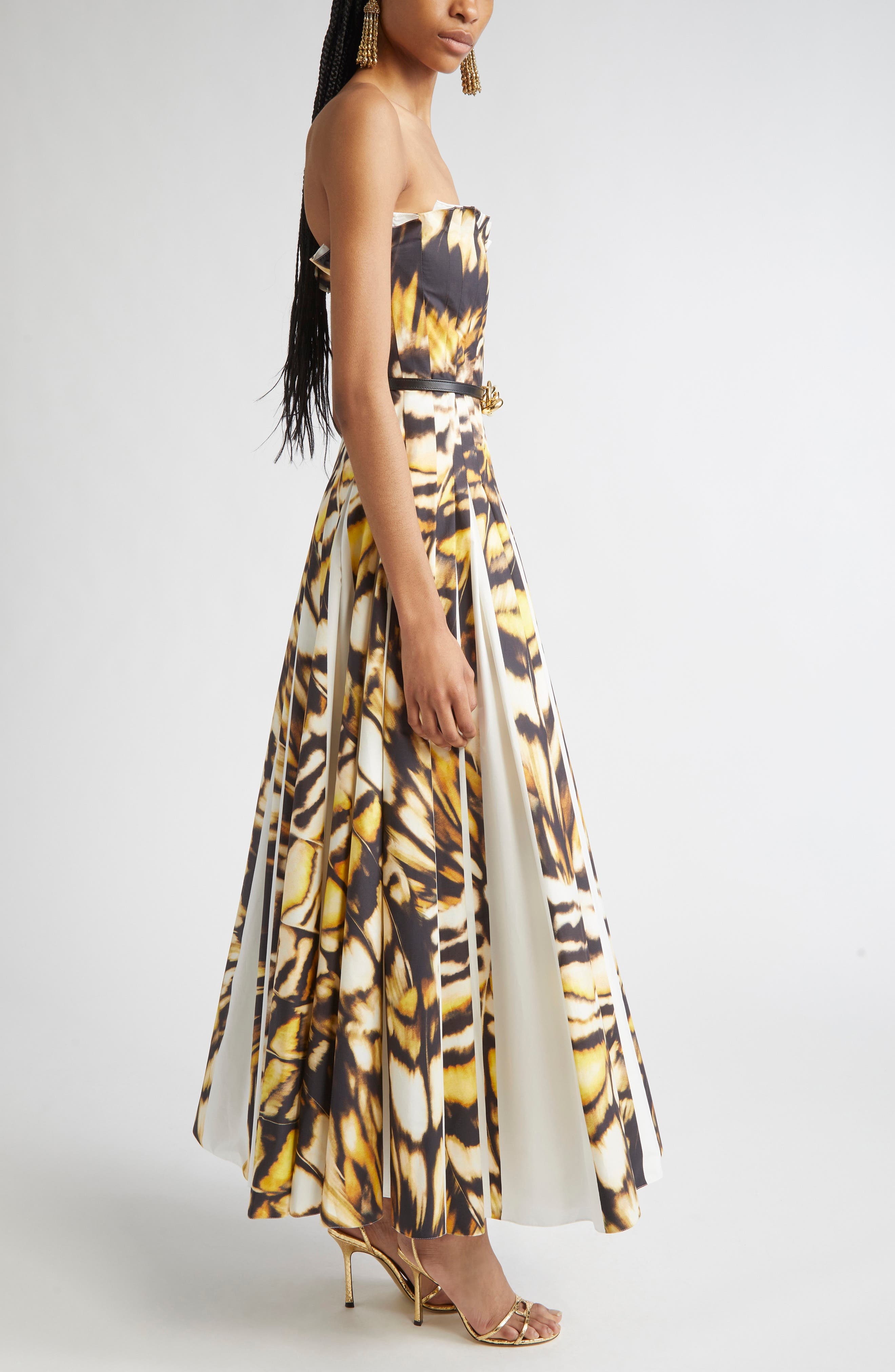 Oscar de la Renta Butterfly Print Pleated Strapless Stretch Poplin Fit & Flare Dress in Black Multi  - 3