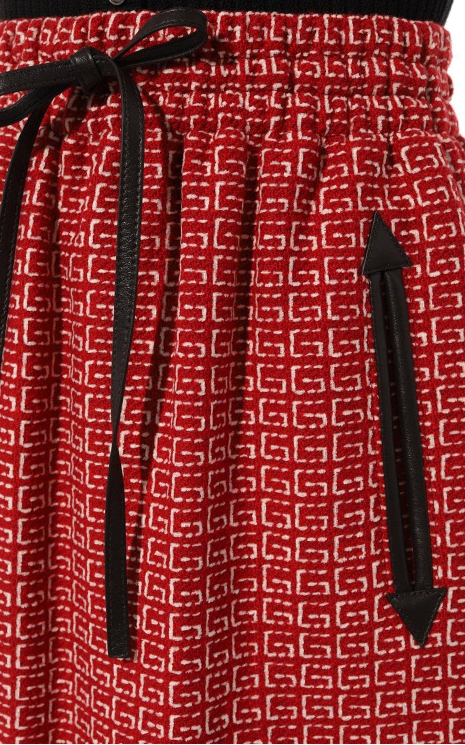 Red Jacquard GG Drawstring Skirt - 5