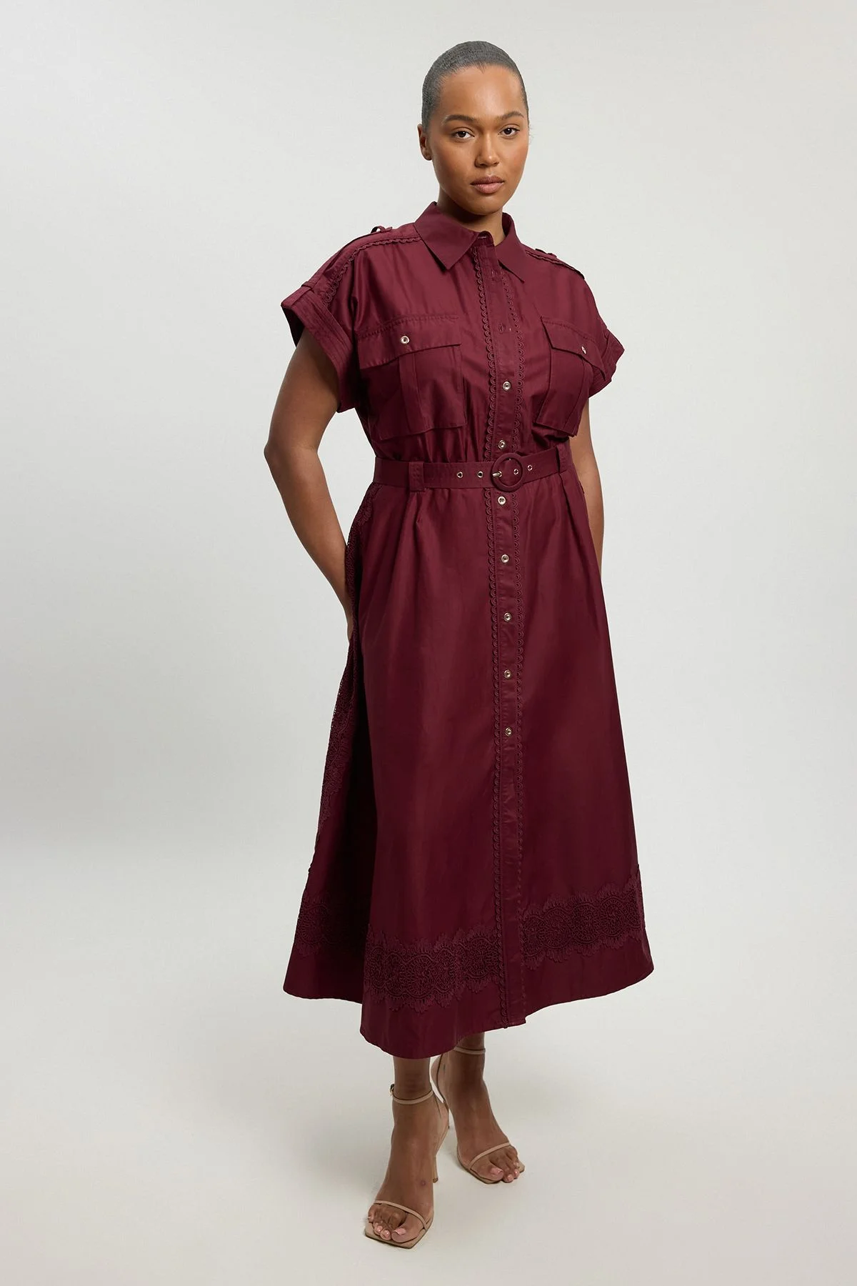 Plus Size Cotton Sateen With Lace Trim Pocket Detail Shirt Dress - 1