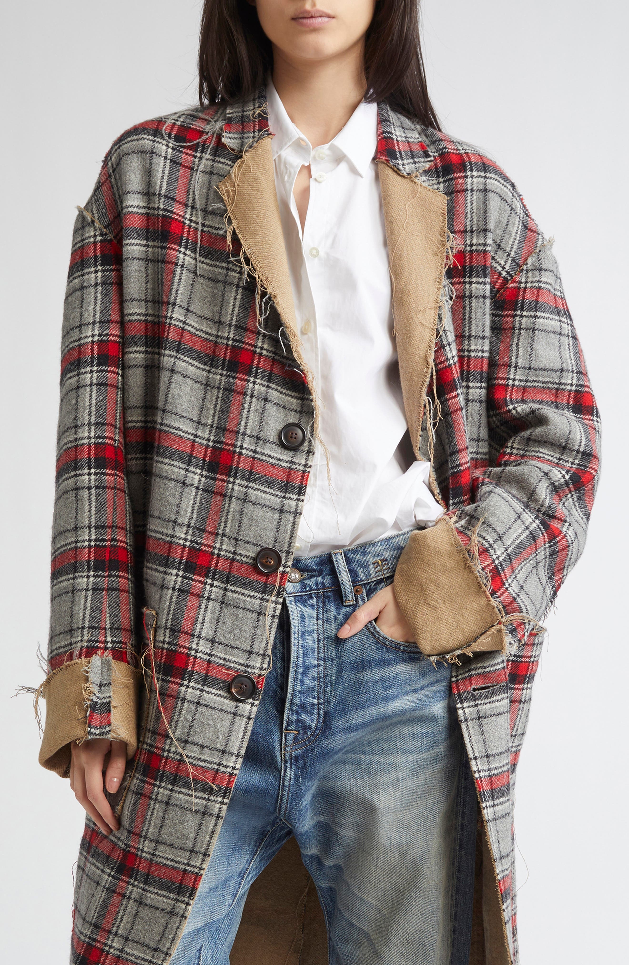 R13 Reversible Raw Cut Cotton & Virgin Wool Coat in Red/Grey Plaid at Nordstrom - 1