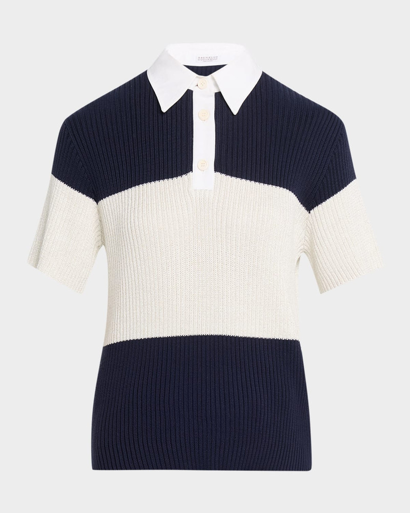 Shimmering Striped Cotton Rib Short-Sleeve Polo Sweater 1