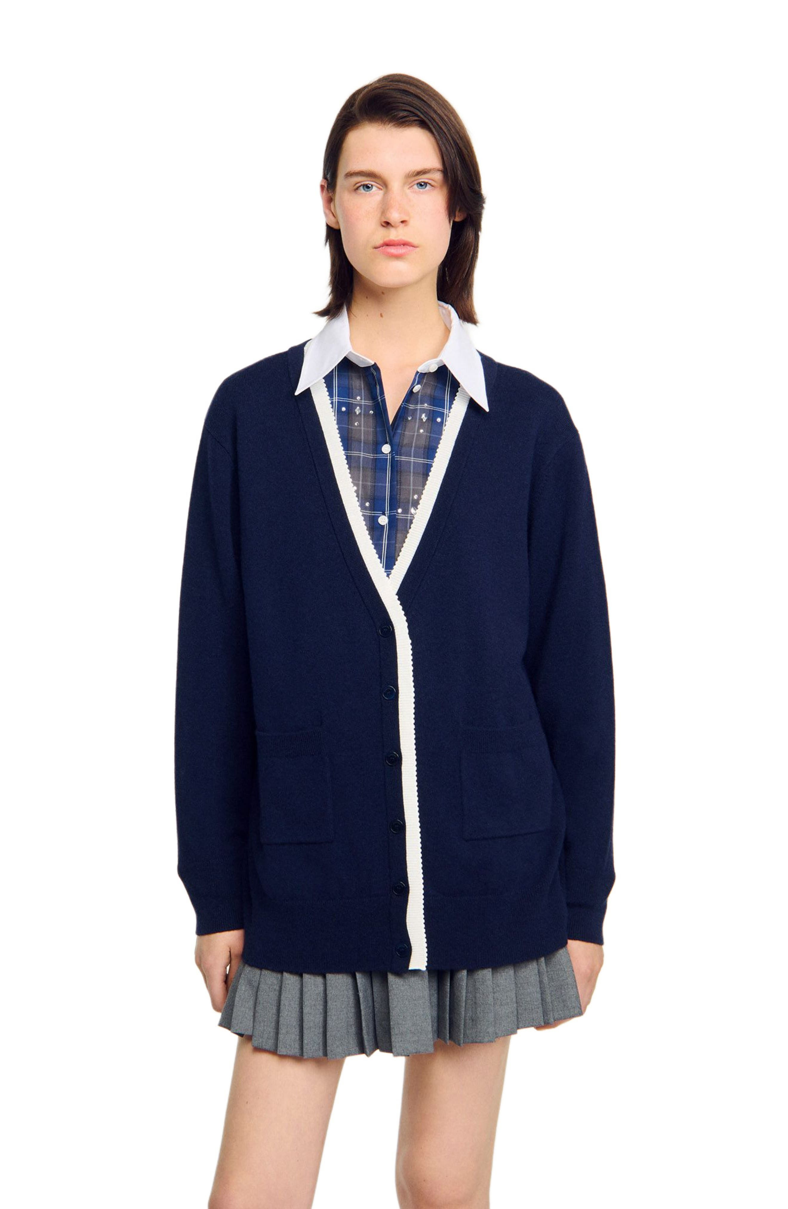 SANDRO Long two-tone cardigan in Navy Blue at Nordstrom - 4