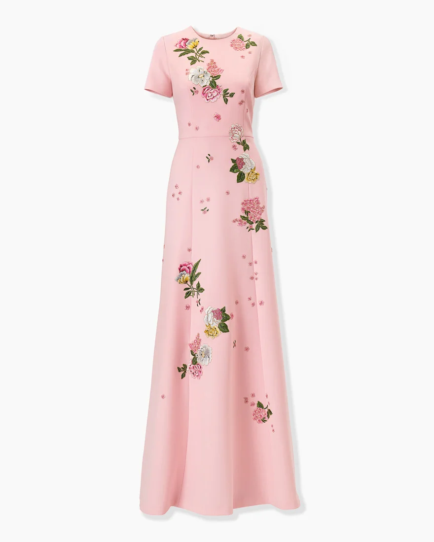 Floral-Embroidered Crepe Gown - 1