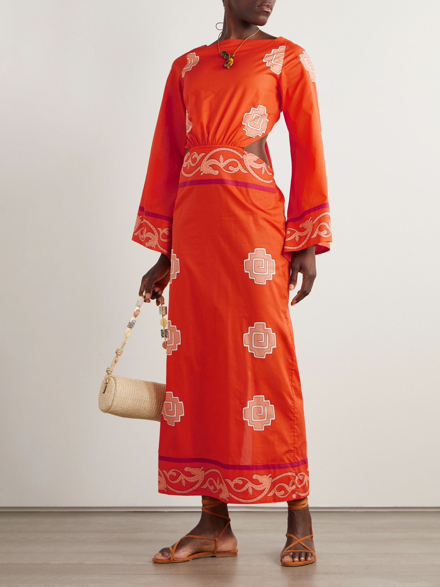 Underwater Sanctuary open-back printed cotton-poplin maxi dress Red - 2