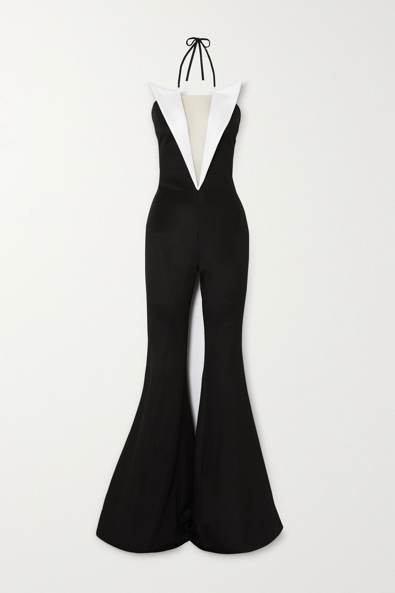 Two-tone tulle-trimmed ponte halterneck jumpsuit - 1