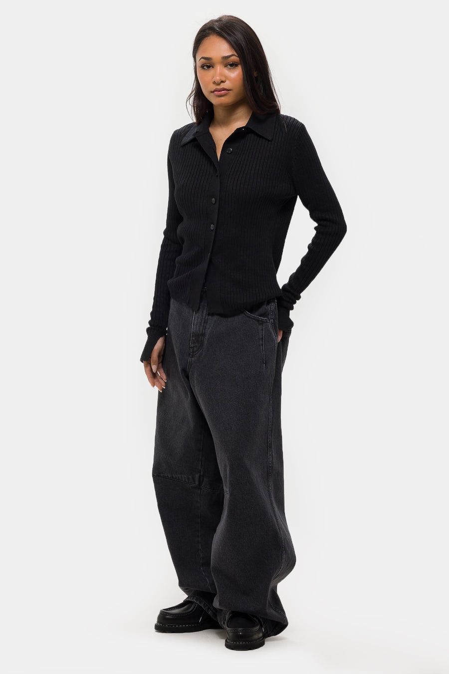 Knitted Rib Shirt in Washed Graphite - 2
