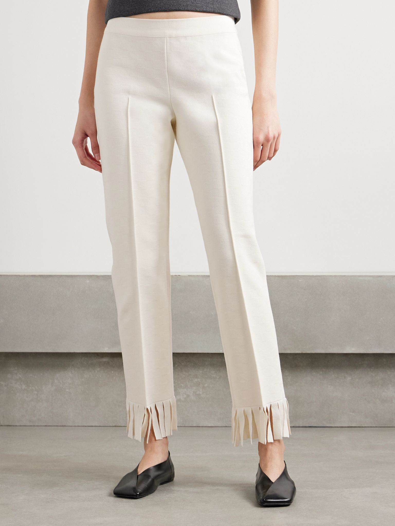 Louis fringed cotton-blend jacquard straight-leg pants Ivory - 3