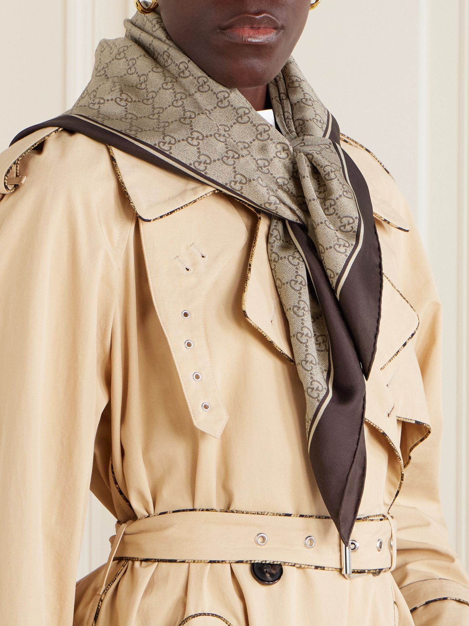 Printed metallic silk-twill scarf Beige - 2
