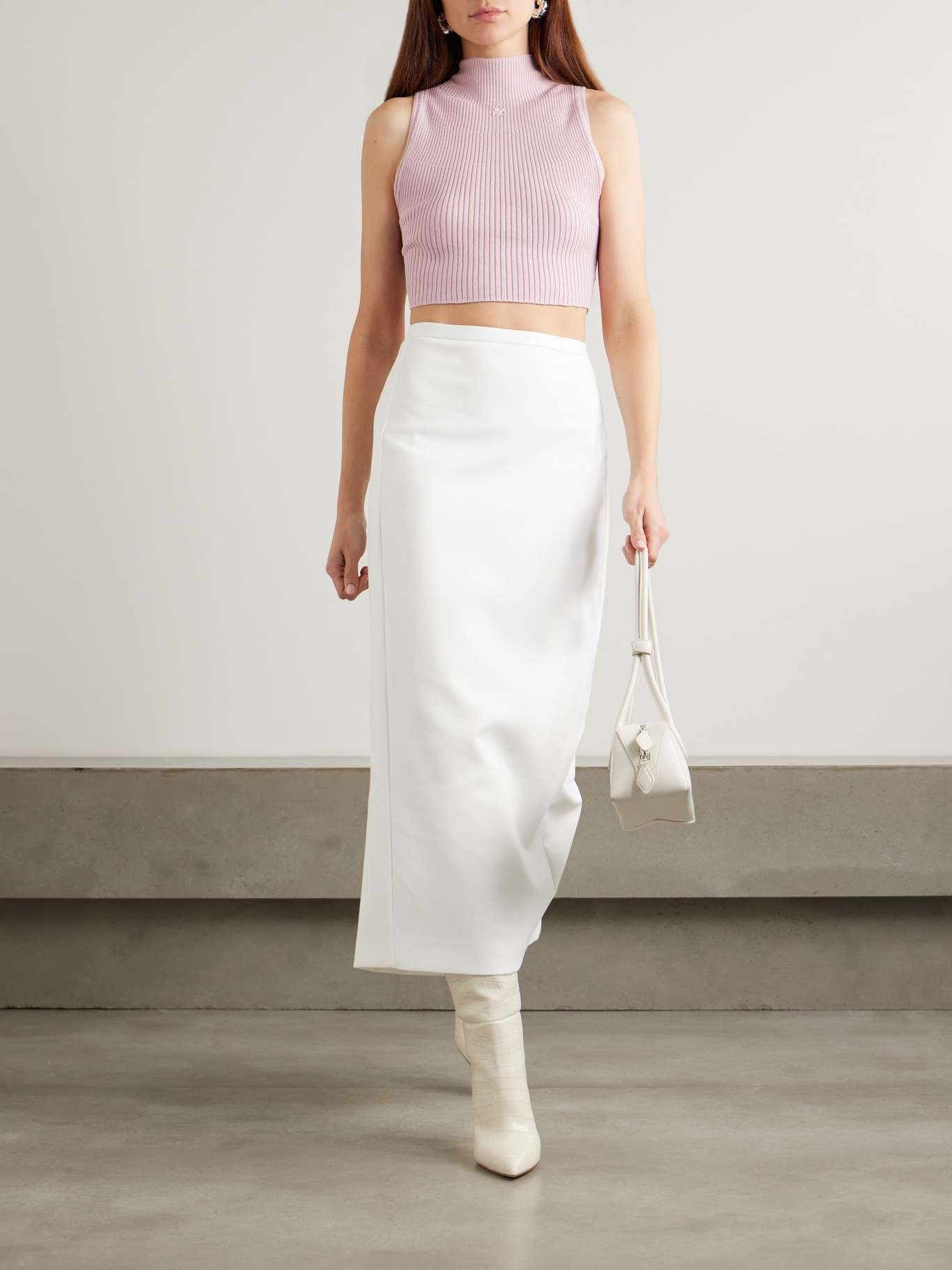 Cropped appliquéd ribbed cotton and merino wool-blend tank Baby pink - 2
