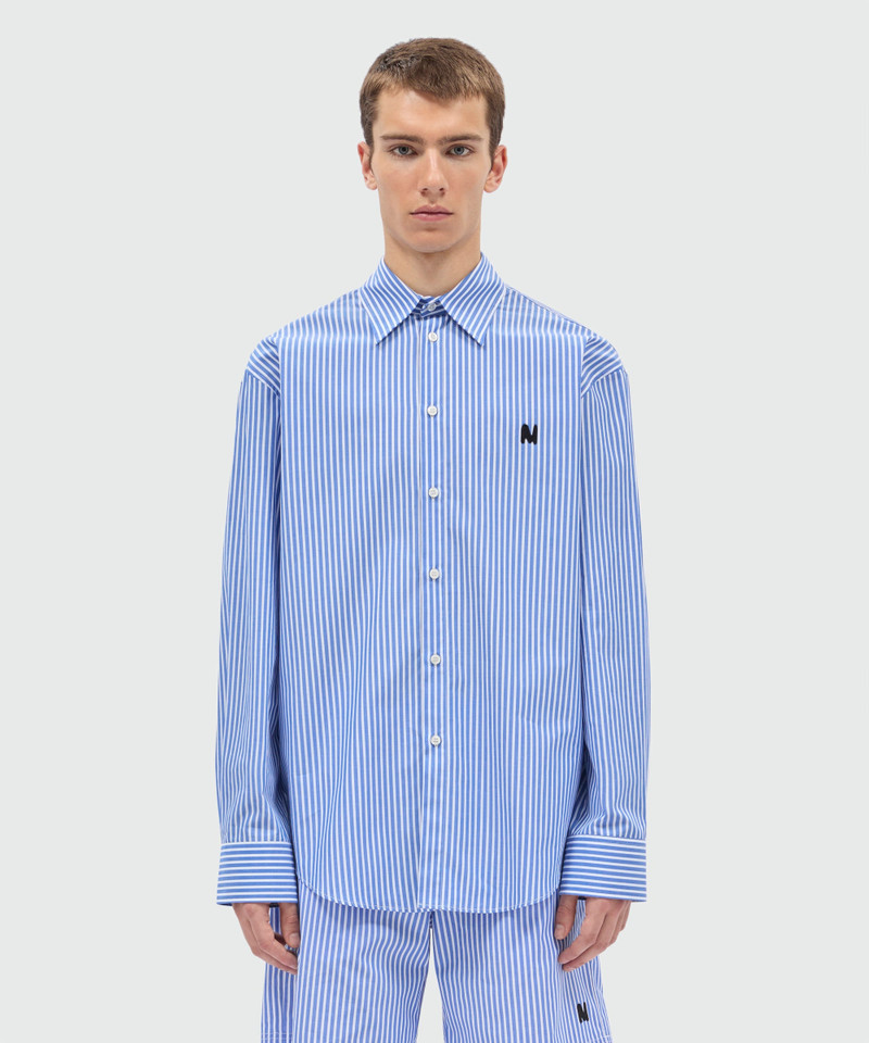 MSGM Light blue striped cotton poplin long-sleeve shirt with classic collar and front patch outlook