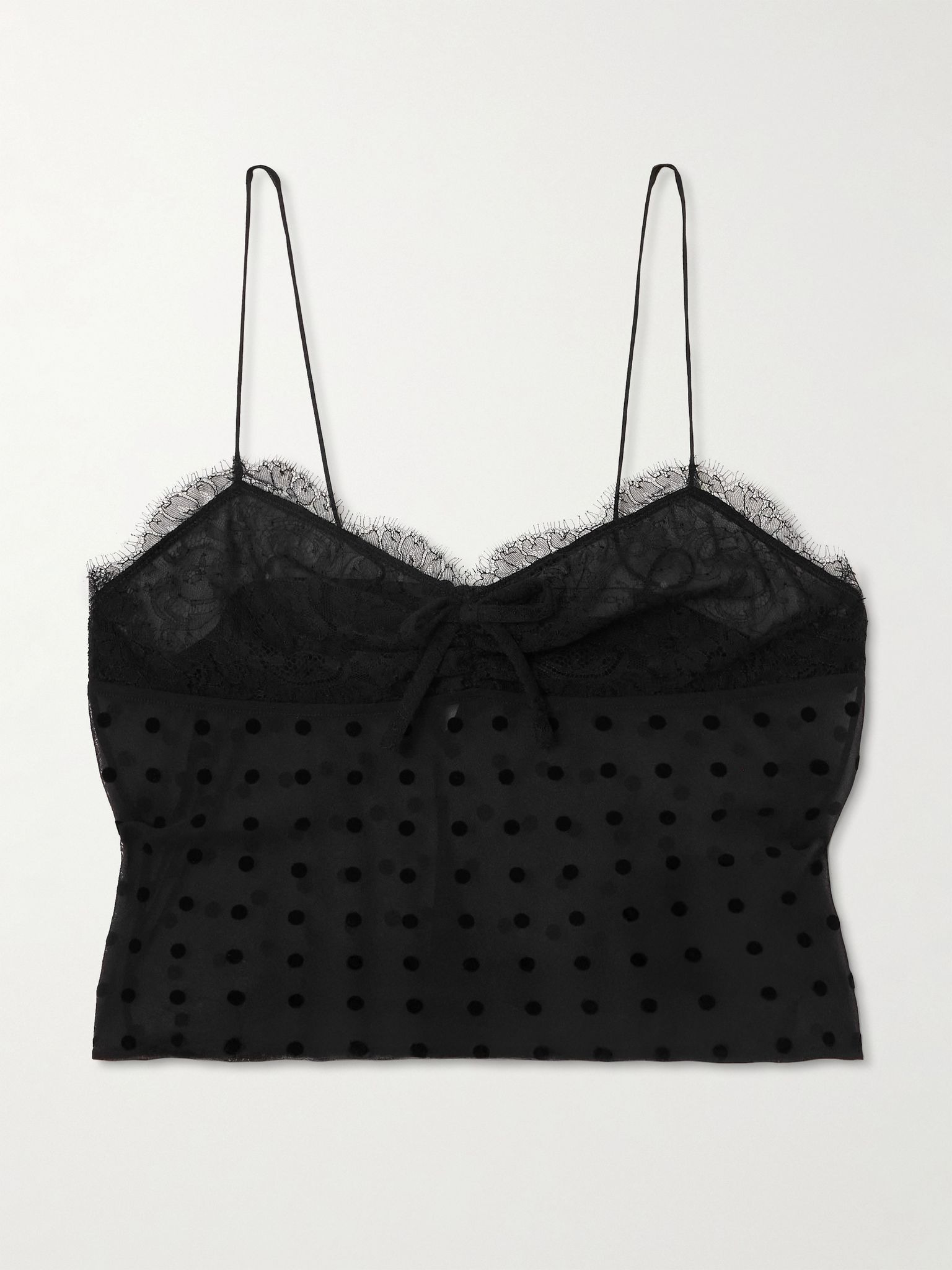 Bow-embellished lace-trimmed flocked polka-dot silk-georgette top Black - 1