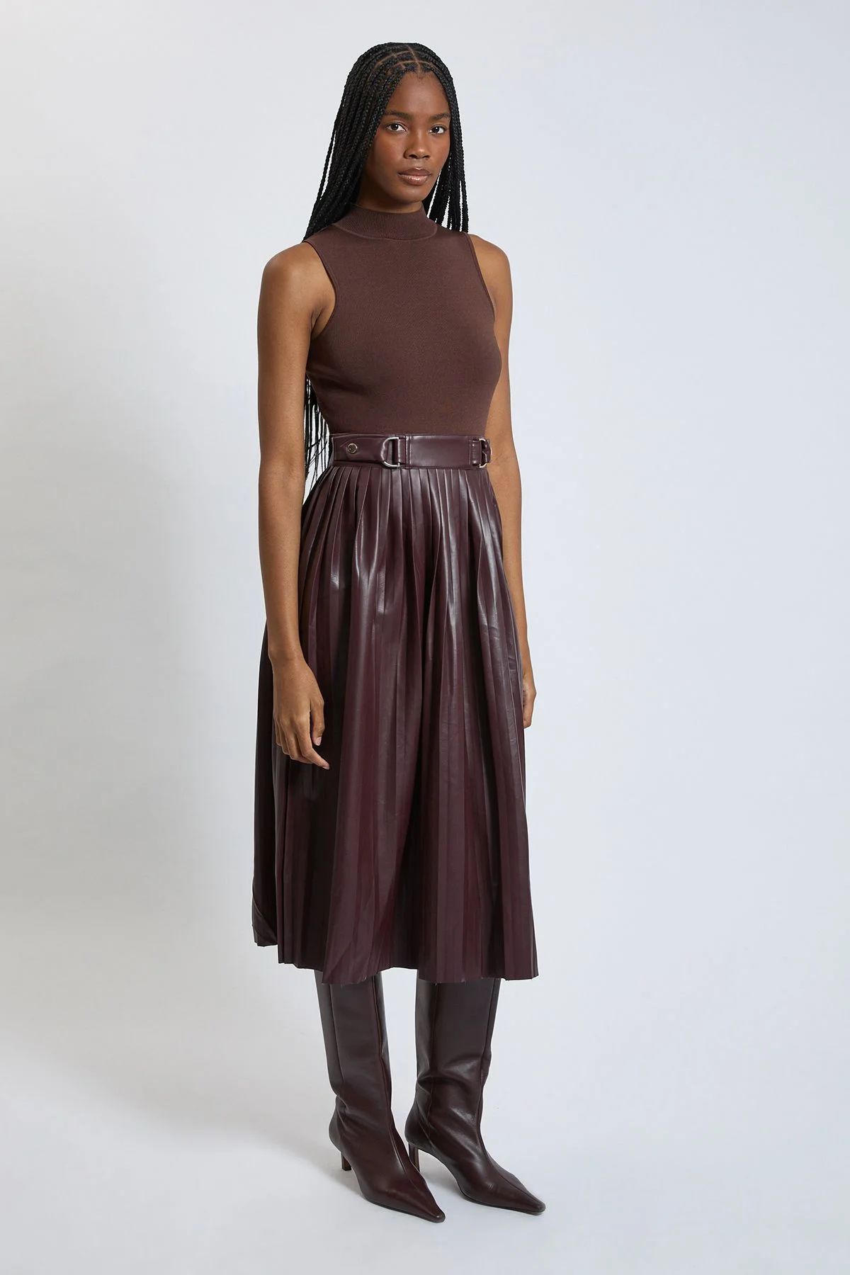 Knitted Midi Dress With Pu Detailing - 1