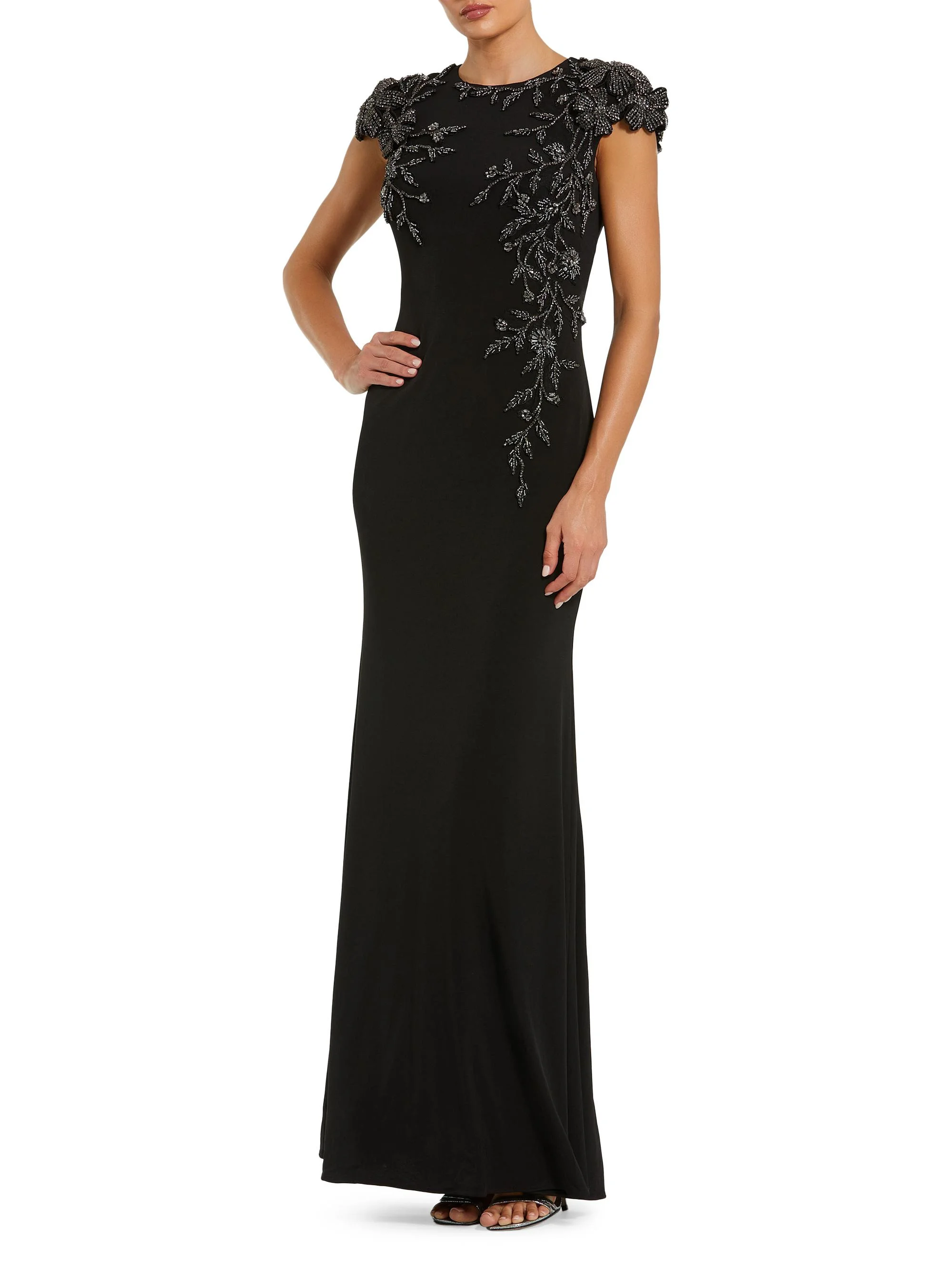 Women's Bead-Embellished Floral-Appliquéd Jersey Gown - Black Multi - 1