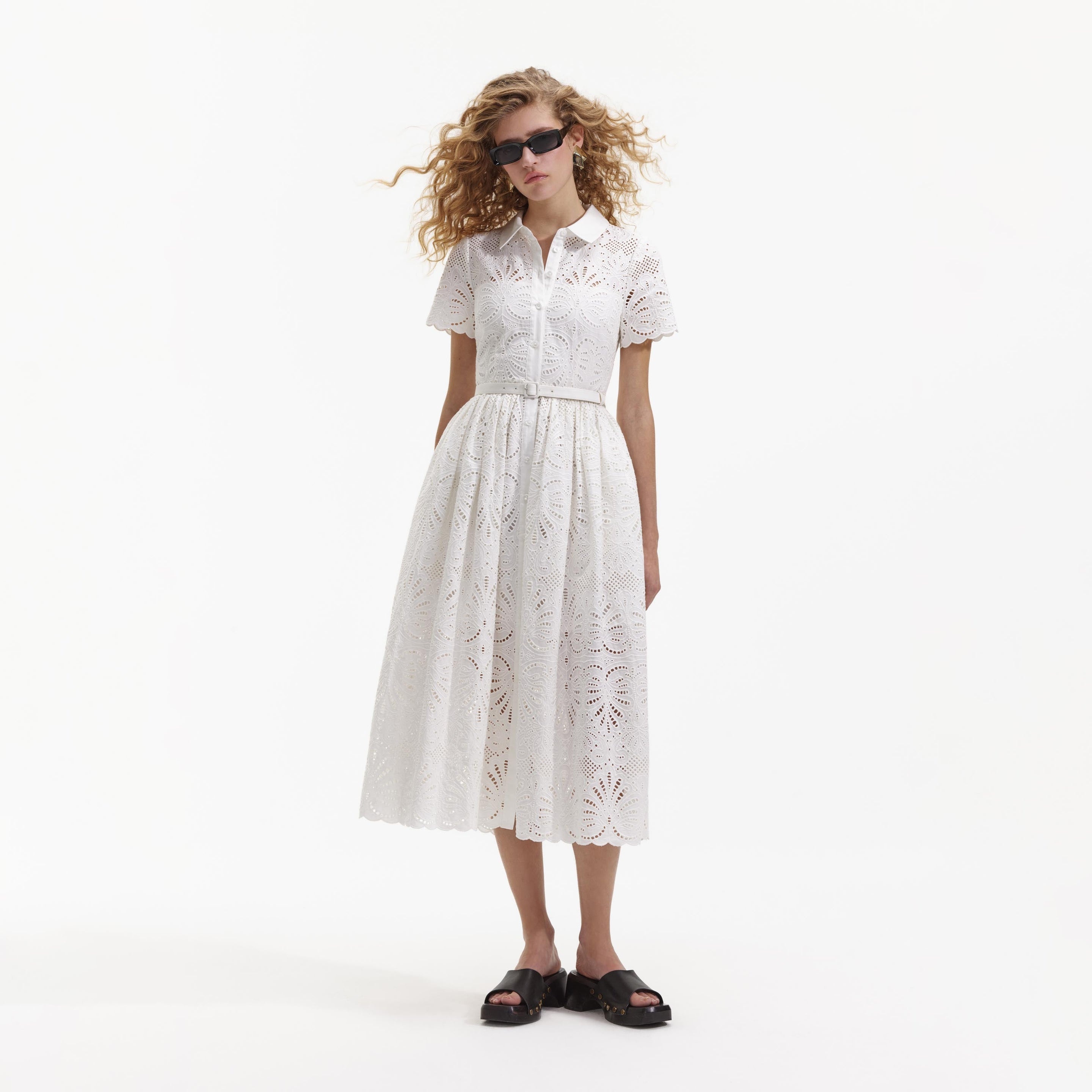 White Cotton Embriodery Midi Dress - 1