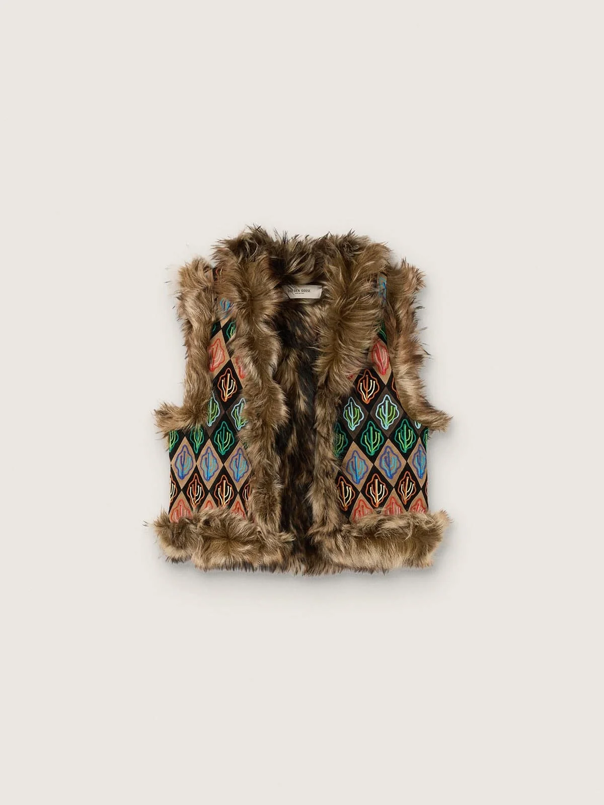 Women's vest in shearling and suede with multicolor cactus embroidery - 1