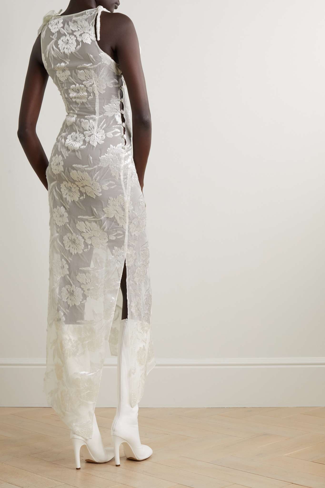Asymmetric appliquéd metallic fil coupé voile dress - 3