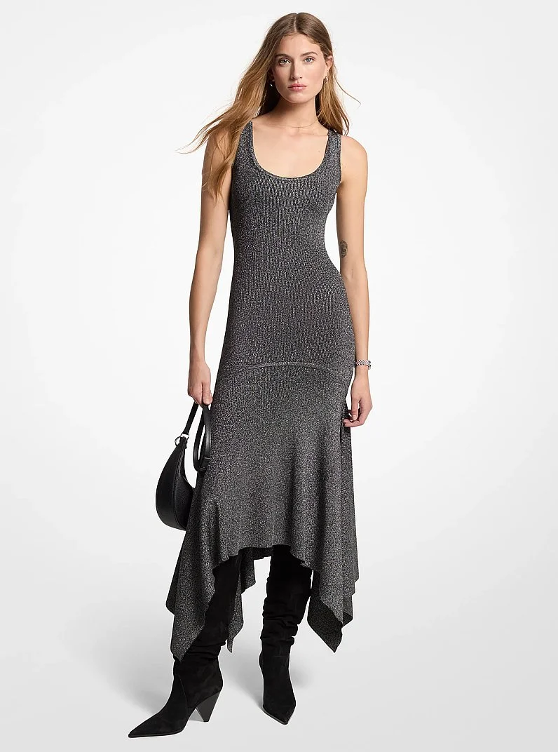 Metallic Knit Asymmetric Dress - 1