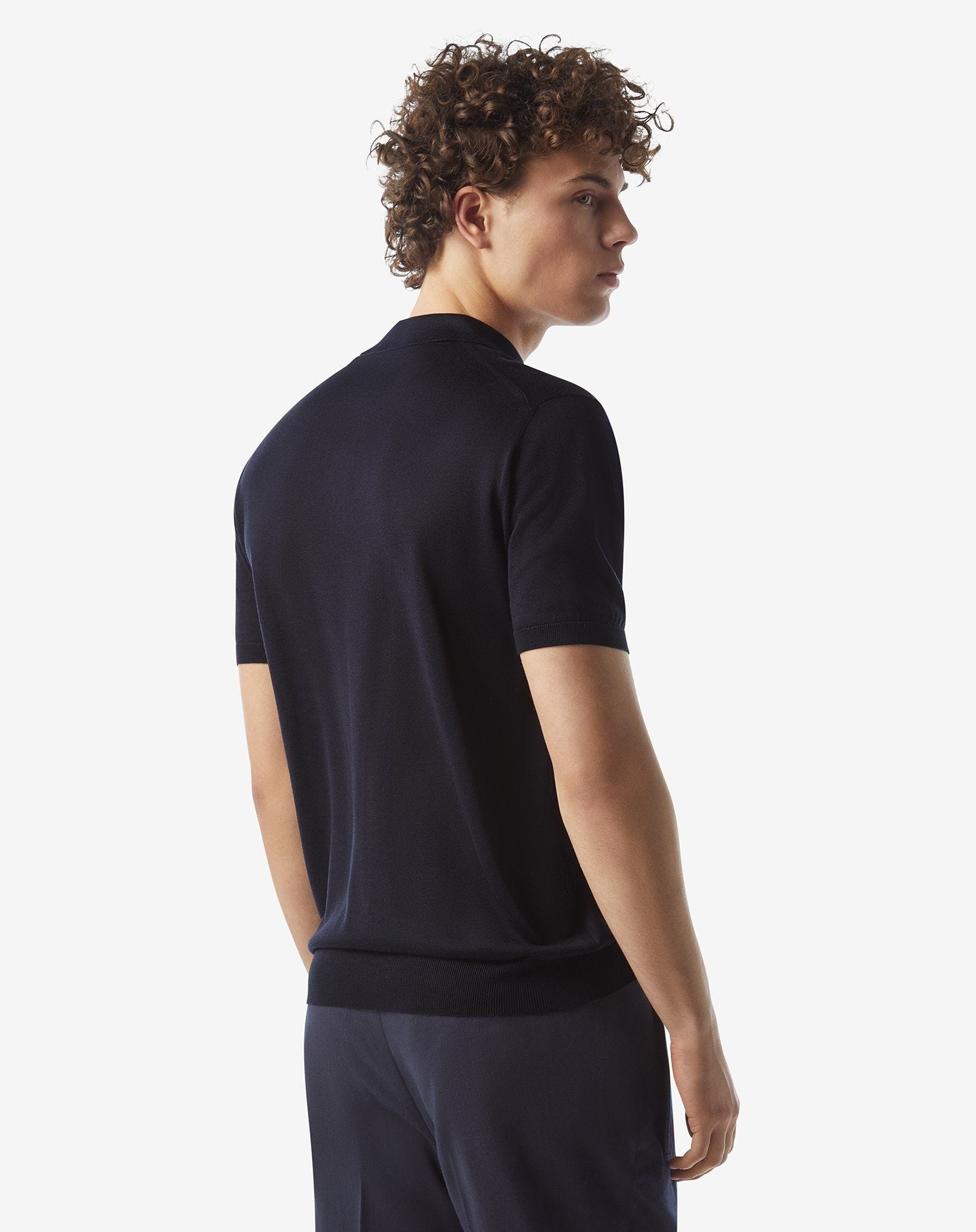 Navy blue pure silk button-up polo - 3