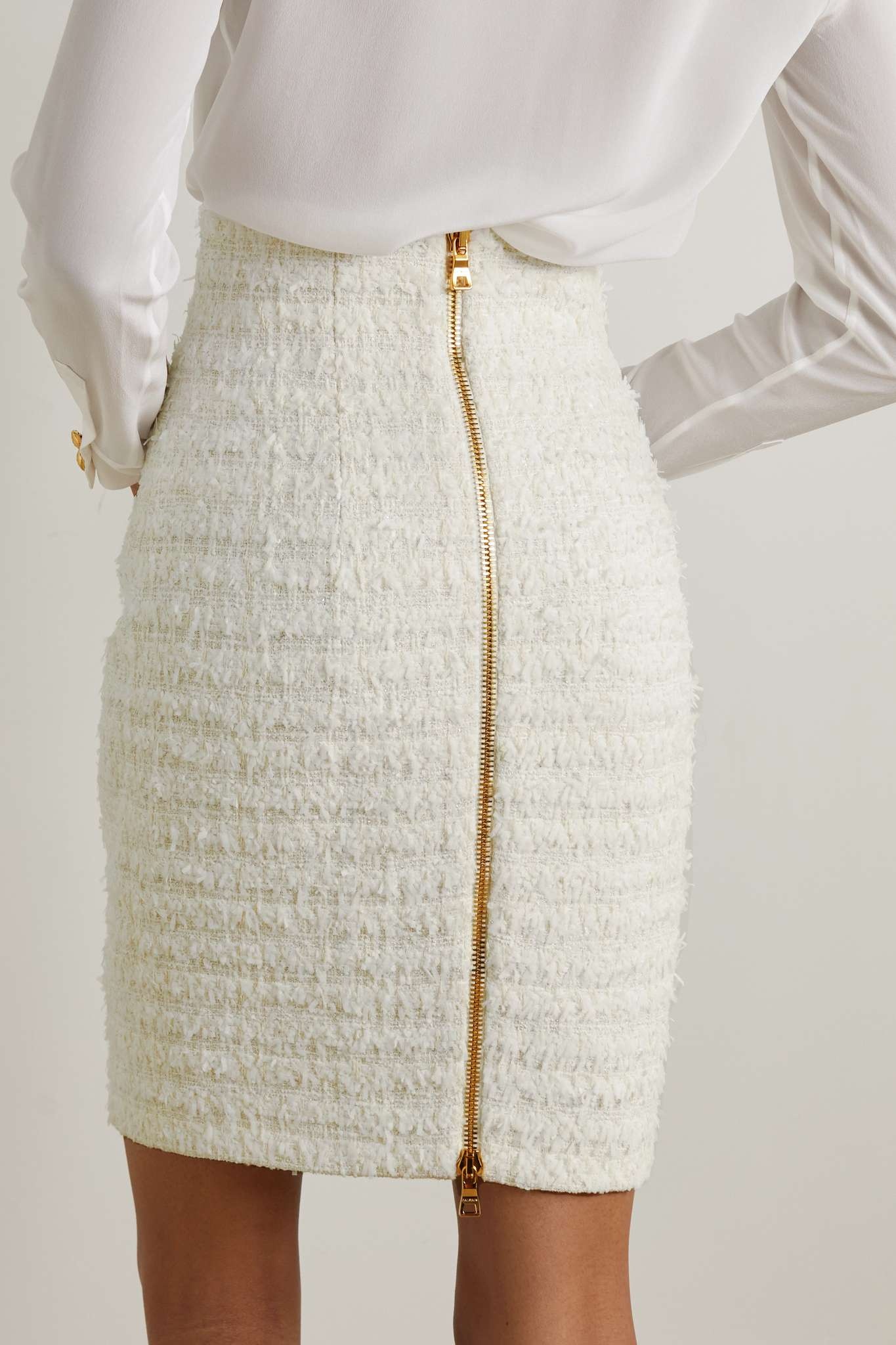Button-embellished metallic cotton-blend tweed mini skirt - 3