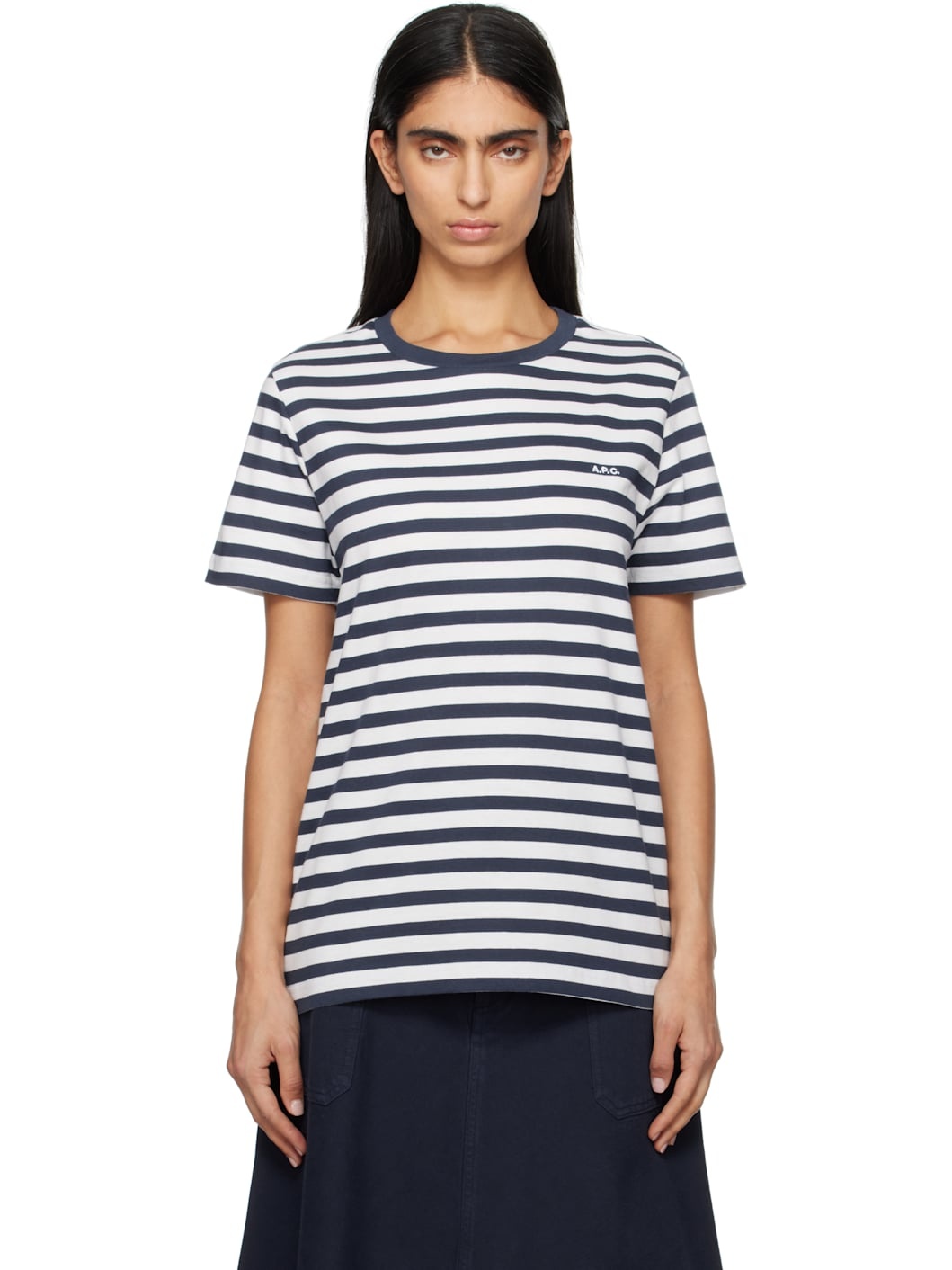 White & Navy Standard 'A.P.C.' Brodé T-shirt - 1