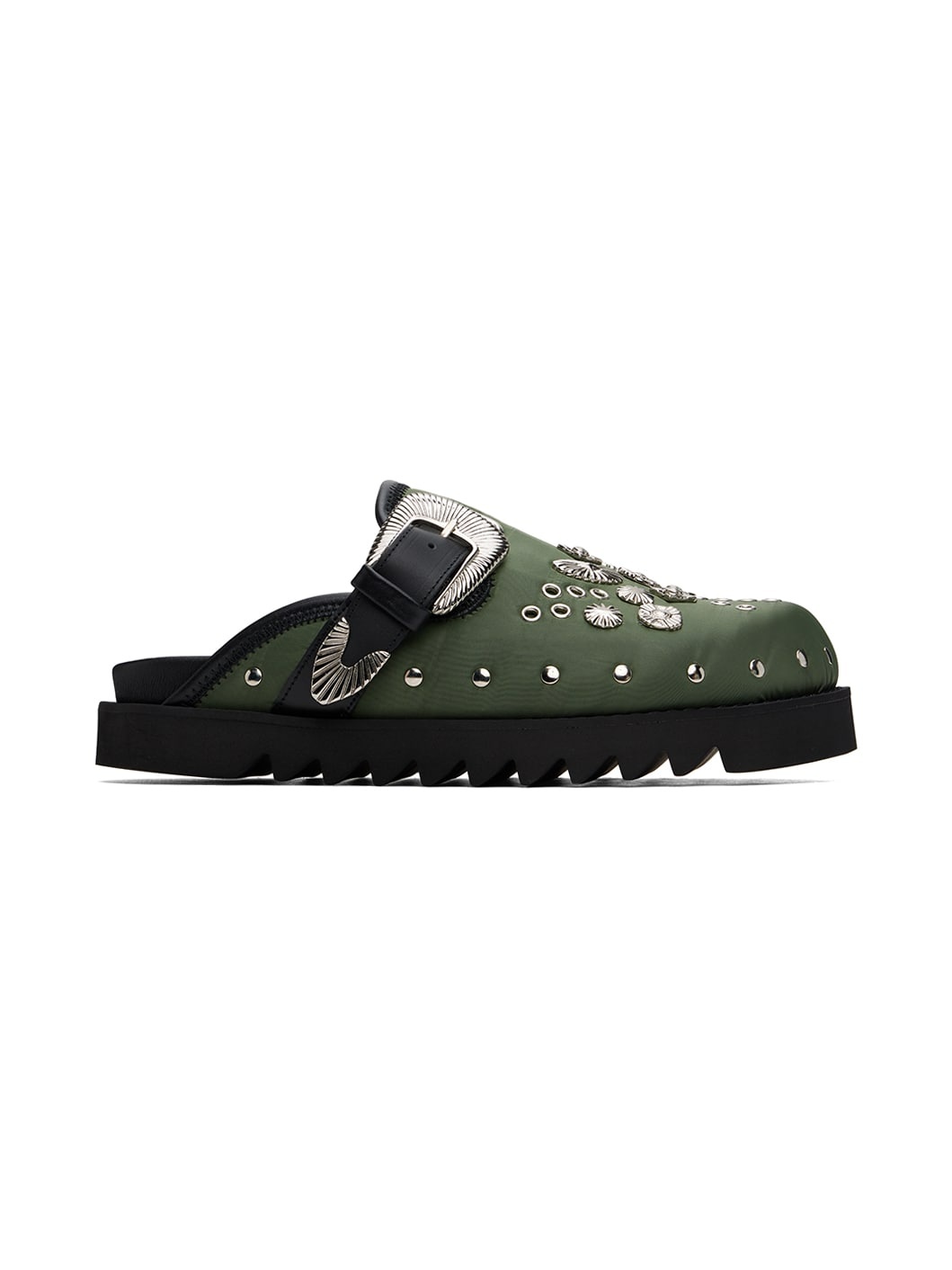Green Eyelet Metal Sabot Slip-on Loafers - 1