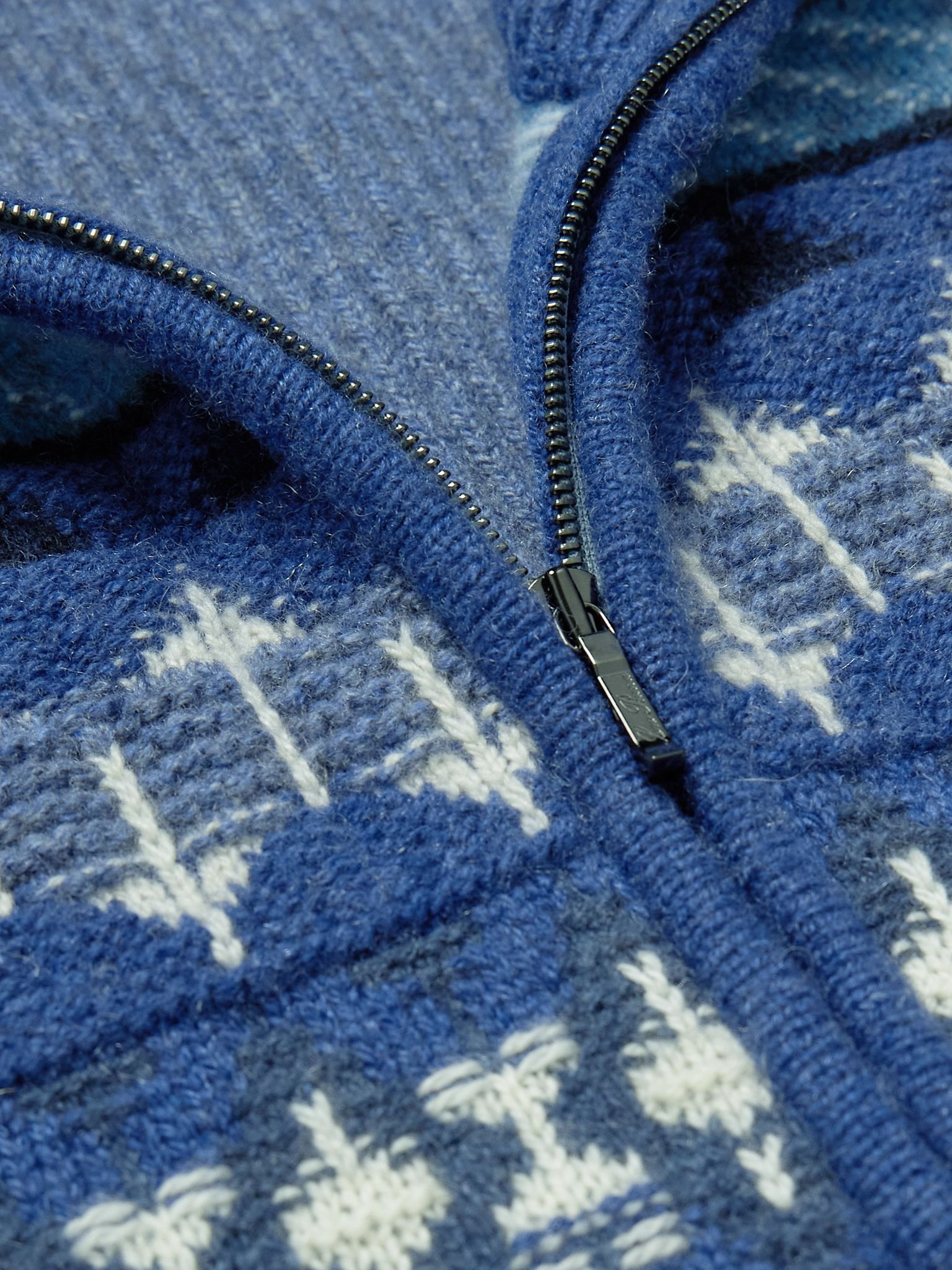 Fair Isle Ribbed-Knit Cashmere Half-Zip Sweater Blue - 4