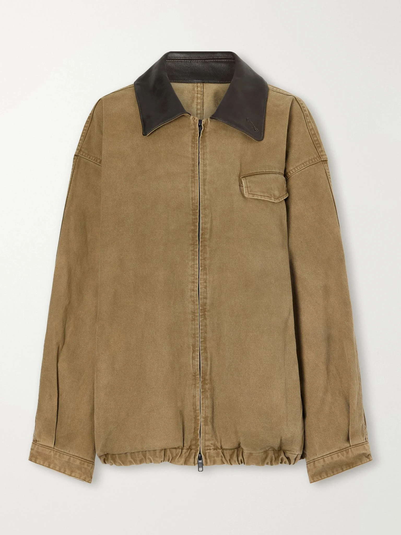 Gathered washed leather-trimmed cotton-whipcord jacket Army green - 1